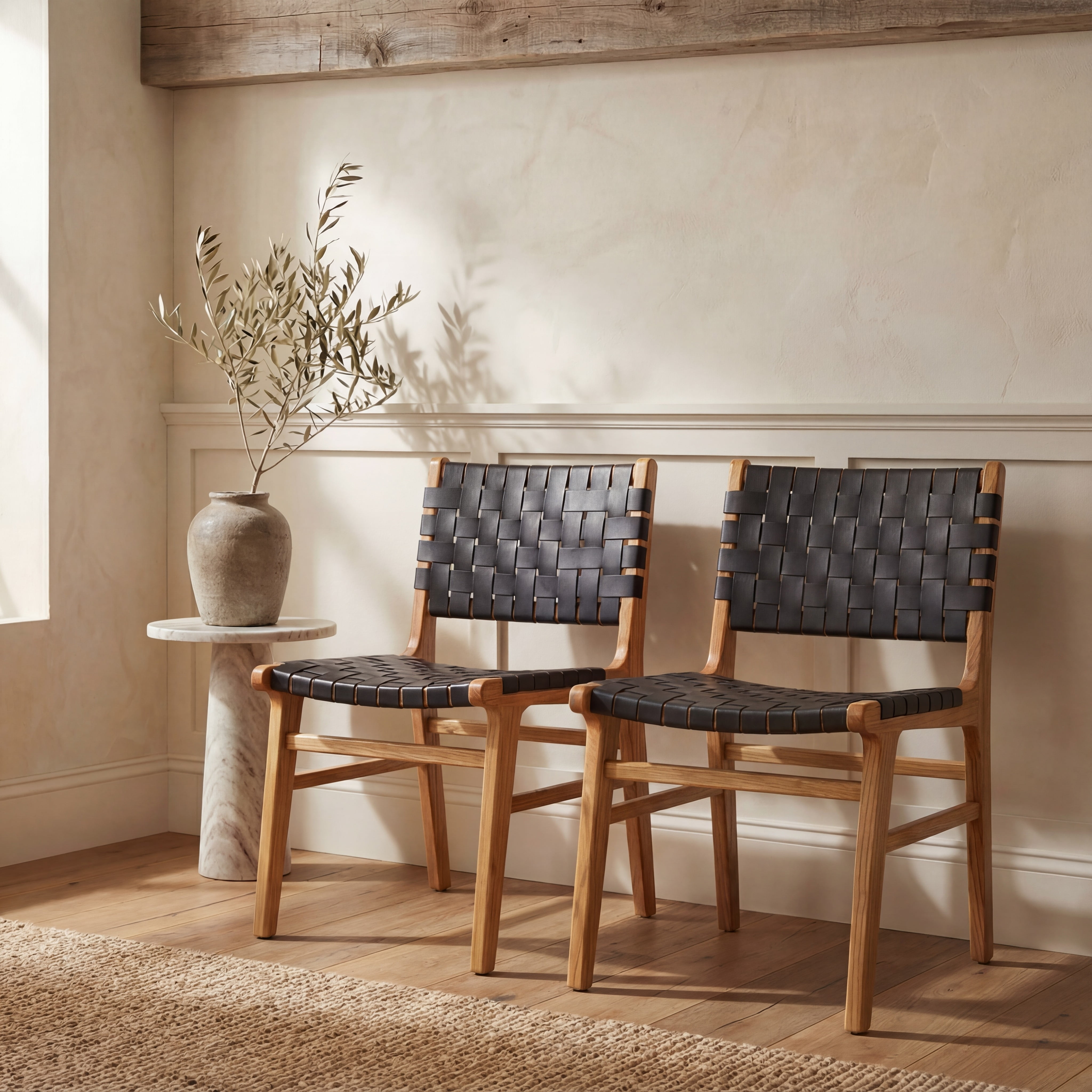 SAFAVIEH Taika Woven Leather Dining Chair, Black/Natural, Set of 2