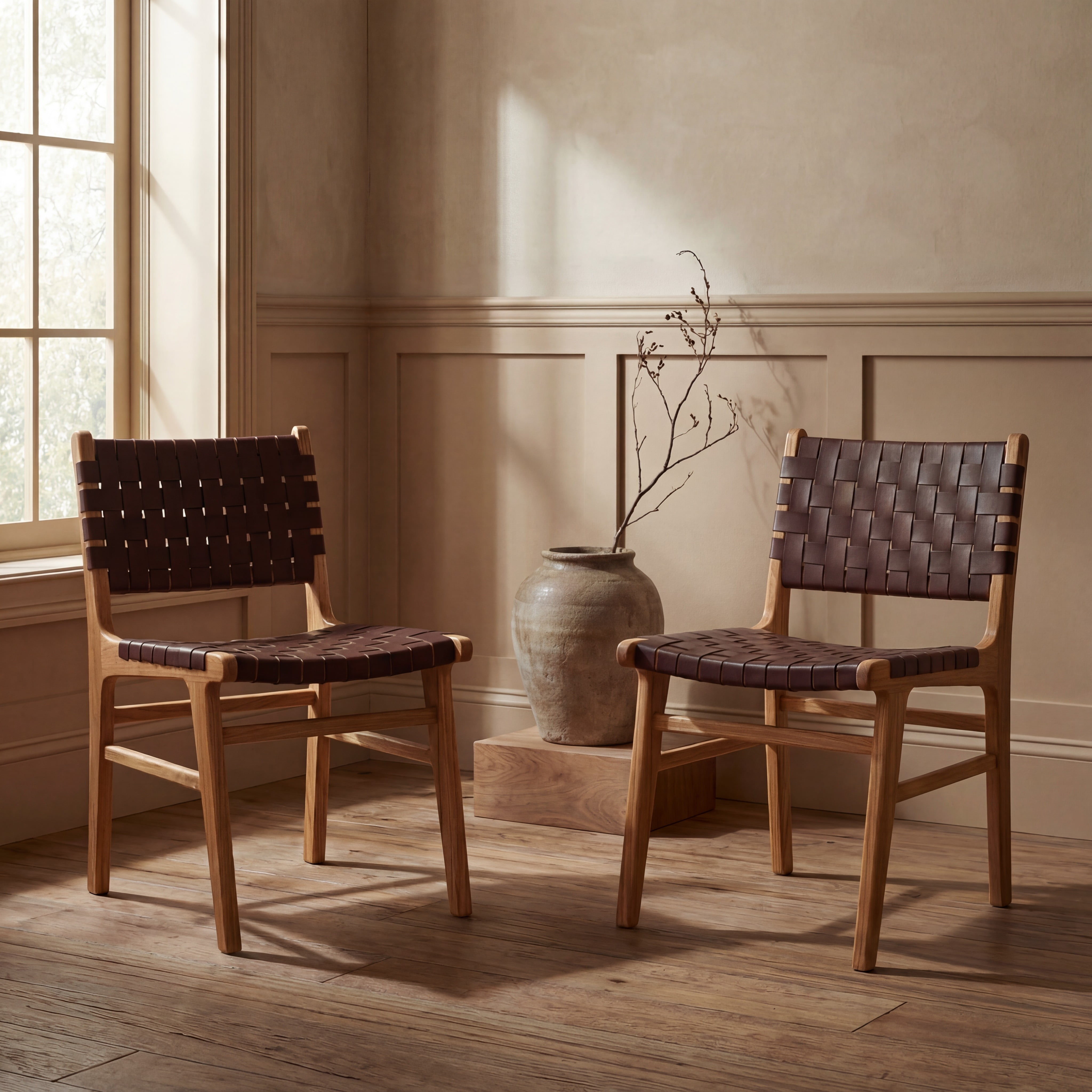 SAFAVIEH Taika Woven Leather Dining Chair, Cognac/Natural, Set of