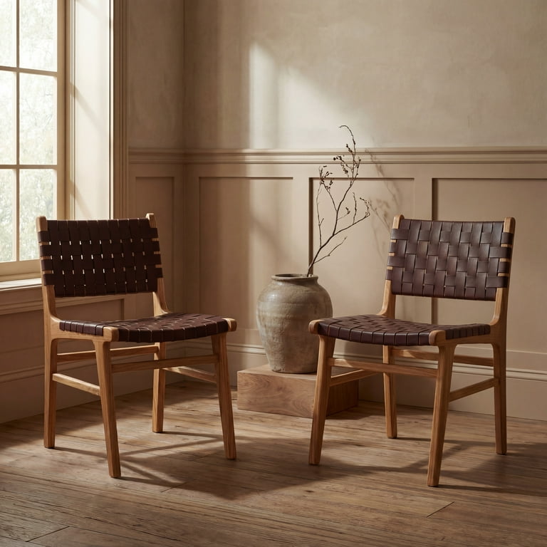 SAFAVIEH Taika Woven Leather Dining Chair, Cognac/Natural, Set of