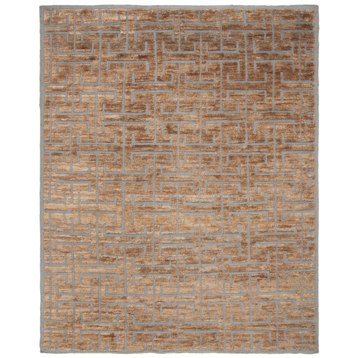Gray Geometric Hand-Knotted Wool and Viscose 8' x 10' Rug