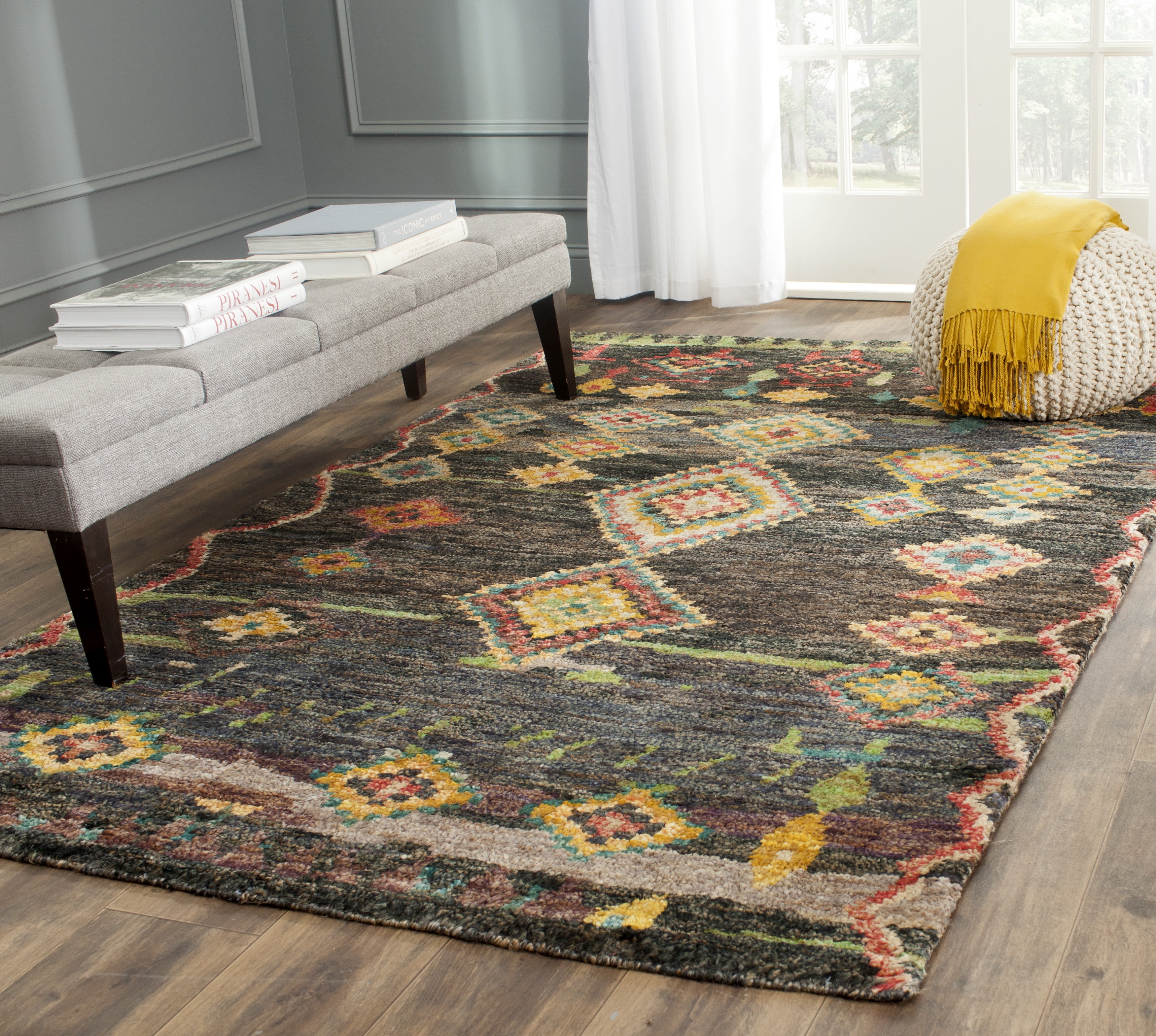 Hand-Knotted Black Wool and Viscose Geometric Rug, 4' x 6'