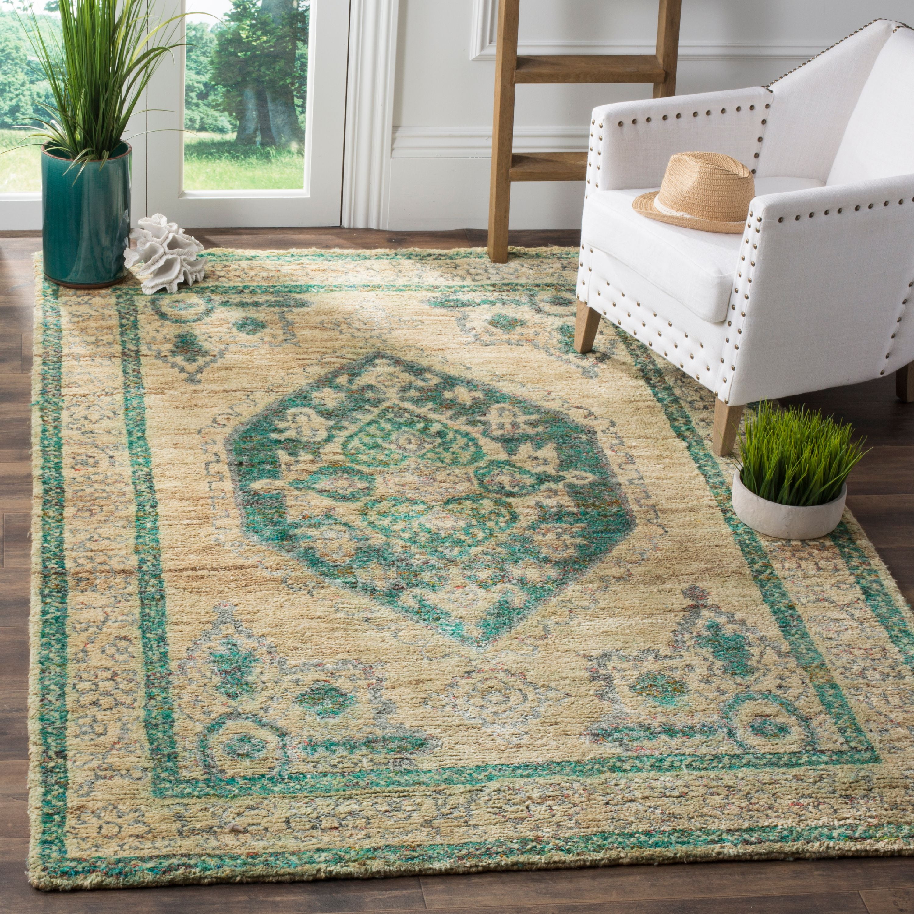 Hand-Knotted Beige and Emerald Wool Area Rug, 5' x 8'