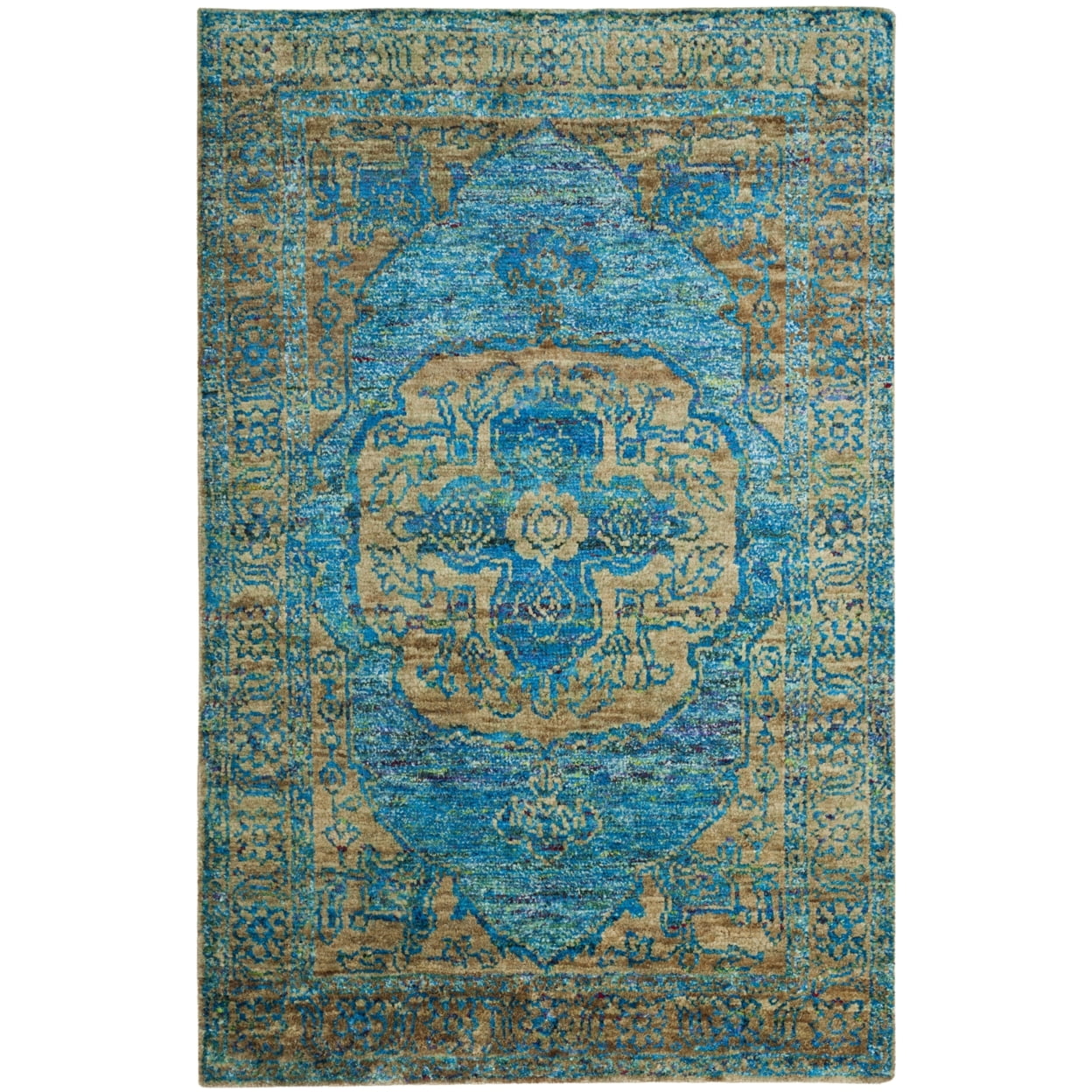 Teal and Beige Hand-Knotted Wool and Viscose Area Rug