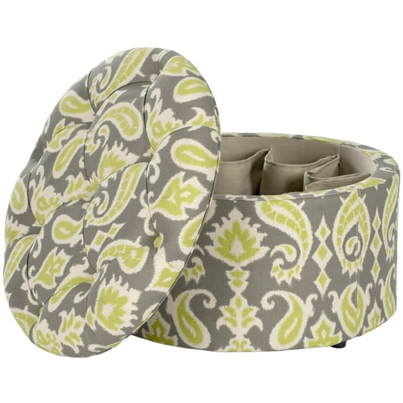 SAFAVIEH Tanisha Round Shoe Storage Ottoman, Ikat Grass Green/Grey