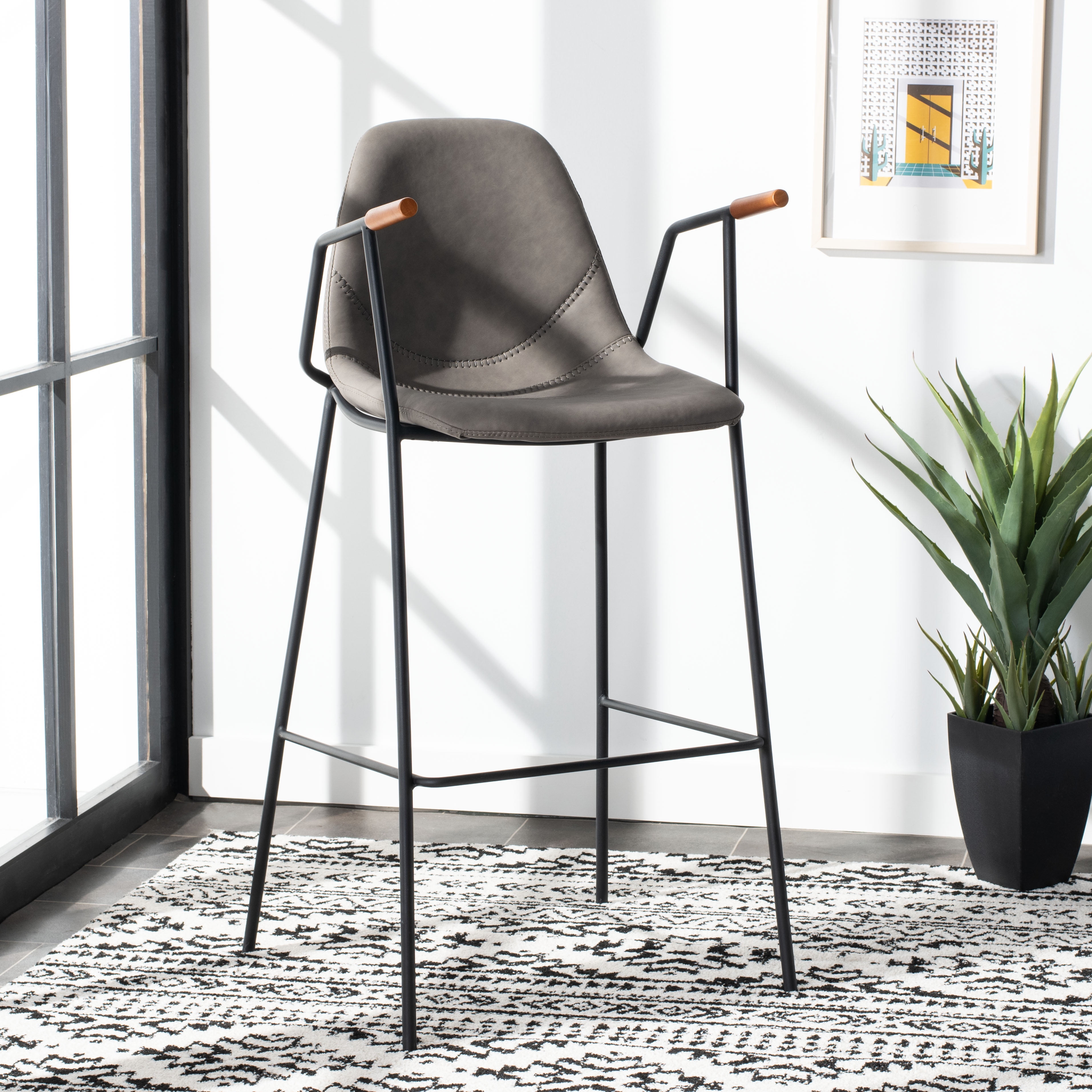 Ash Gray Leather and Metal Mid Century Bar Stool