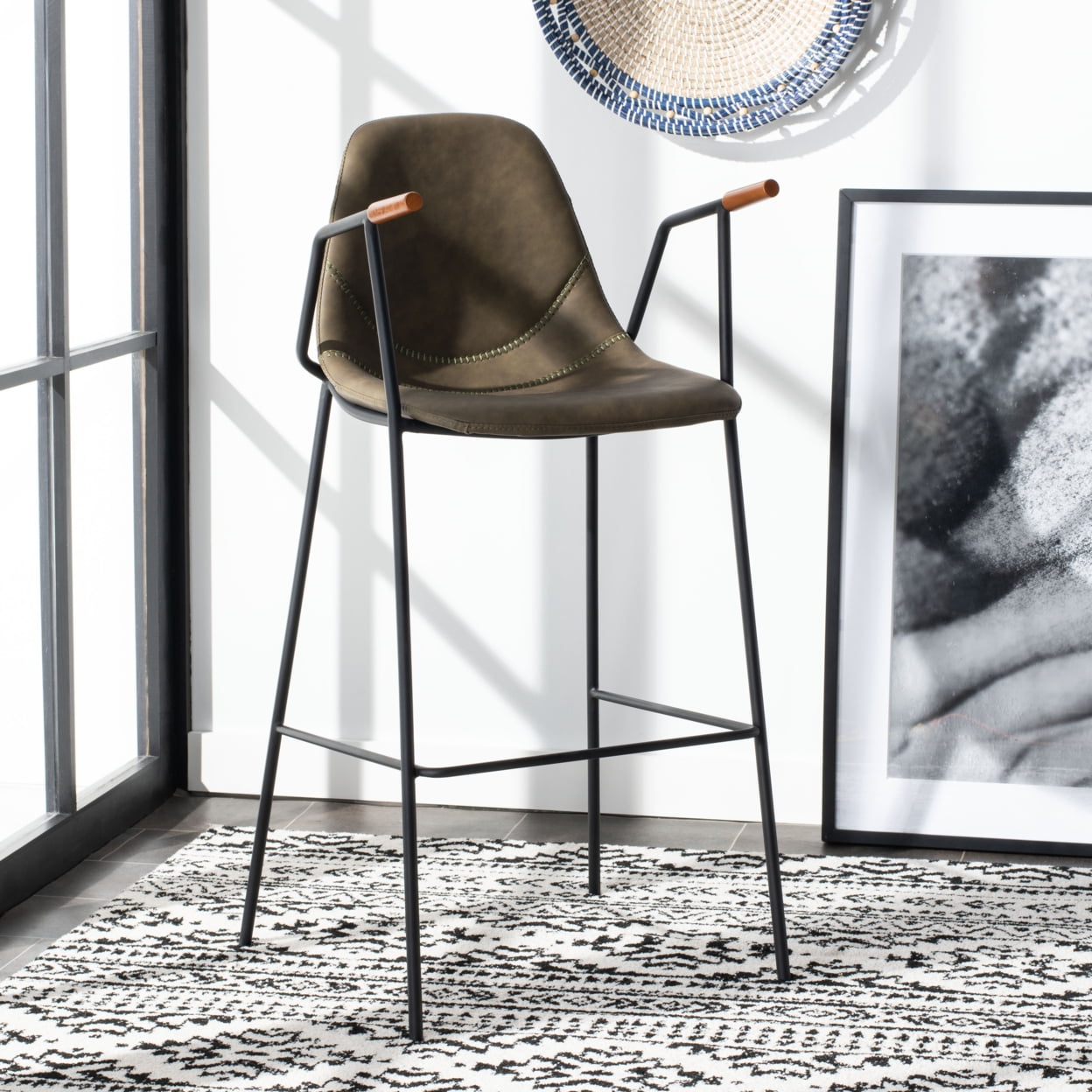 Tanner Transitional Olive Leather Bar Stool with Metal Frame