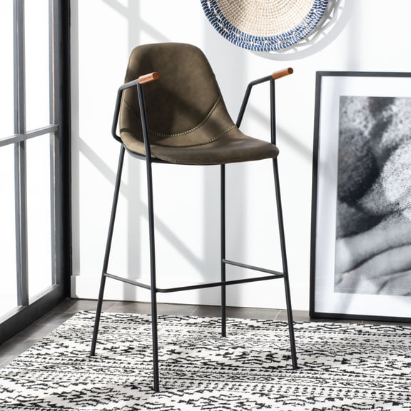 SAFAVIEH Tanner Mid-Century Barstool with Footrest and Armrest, Olive