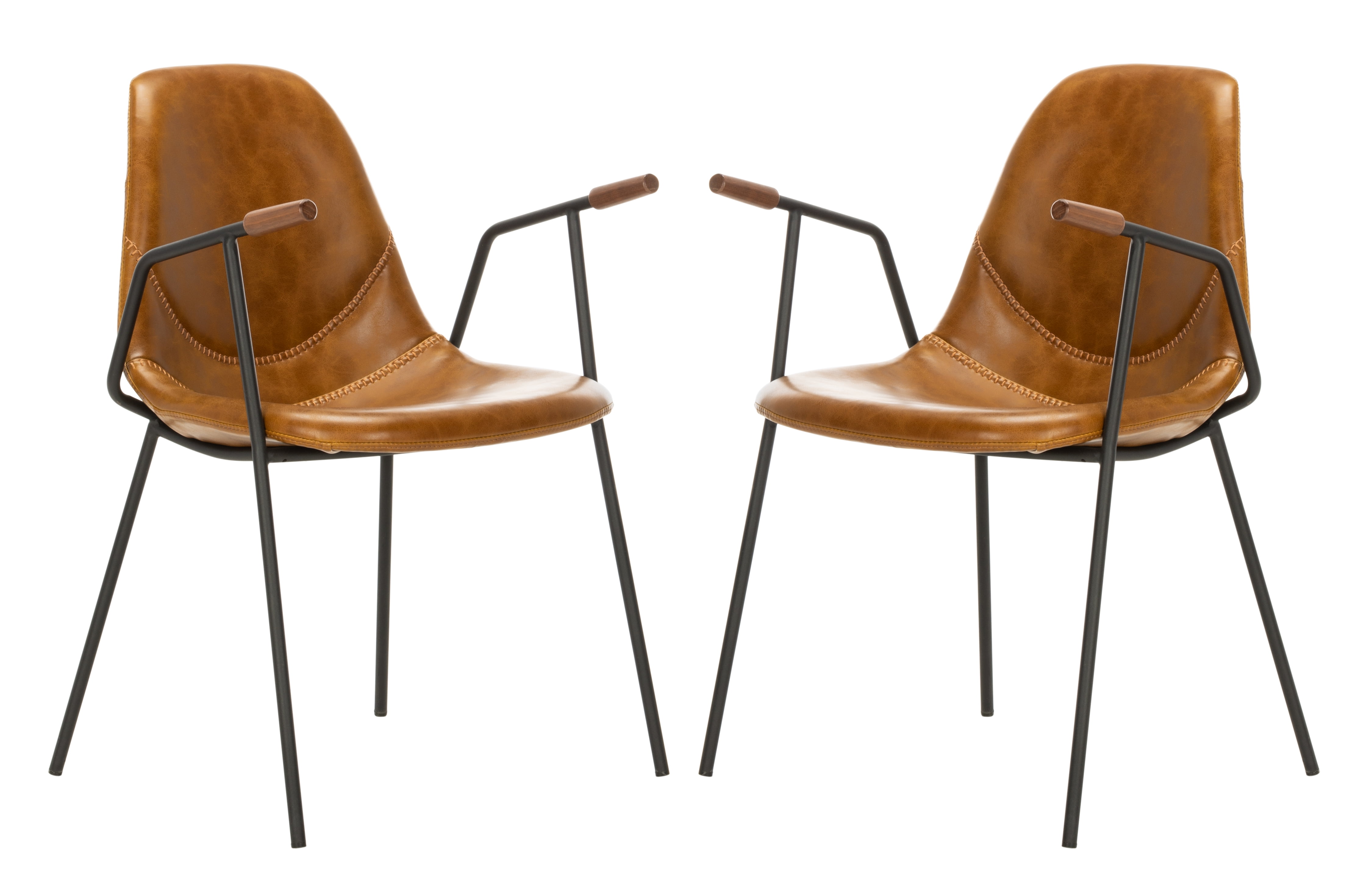Cognac Faux Leather and Black Metal Arm Chairs, Set of 2