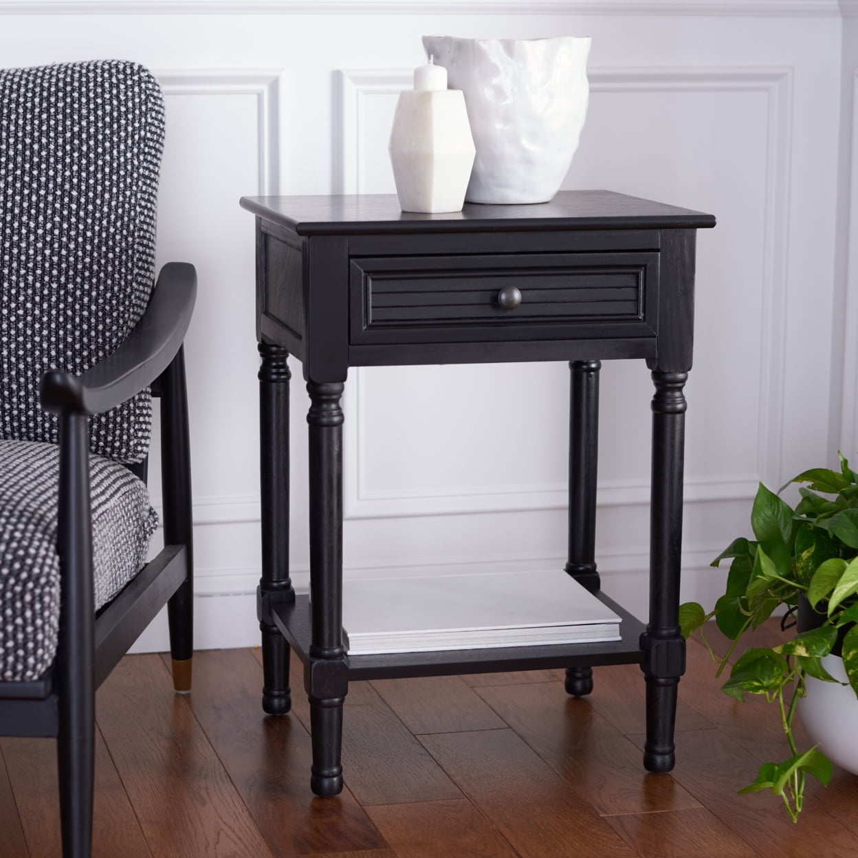 Black Wood Rectangular Accent Table with Storage Drawer
