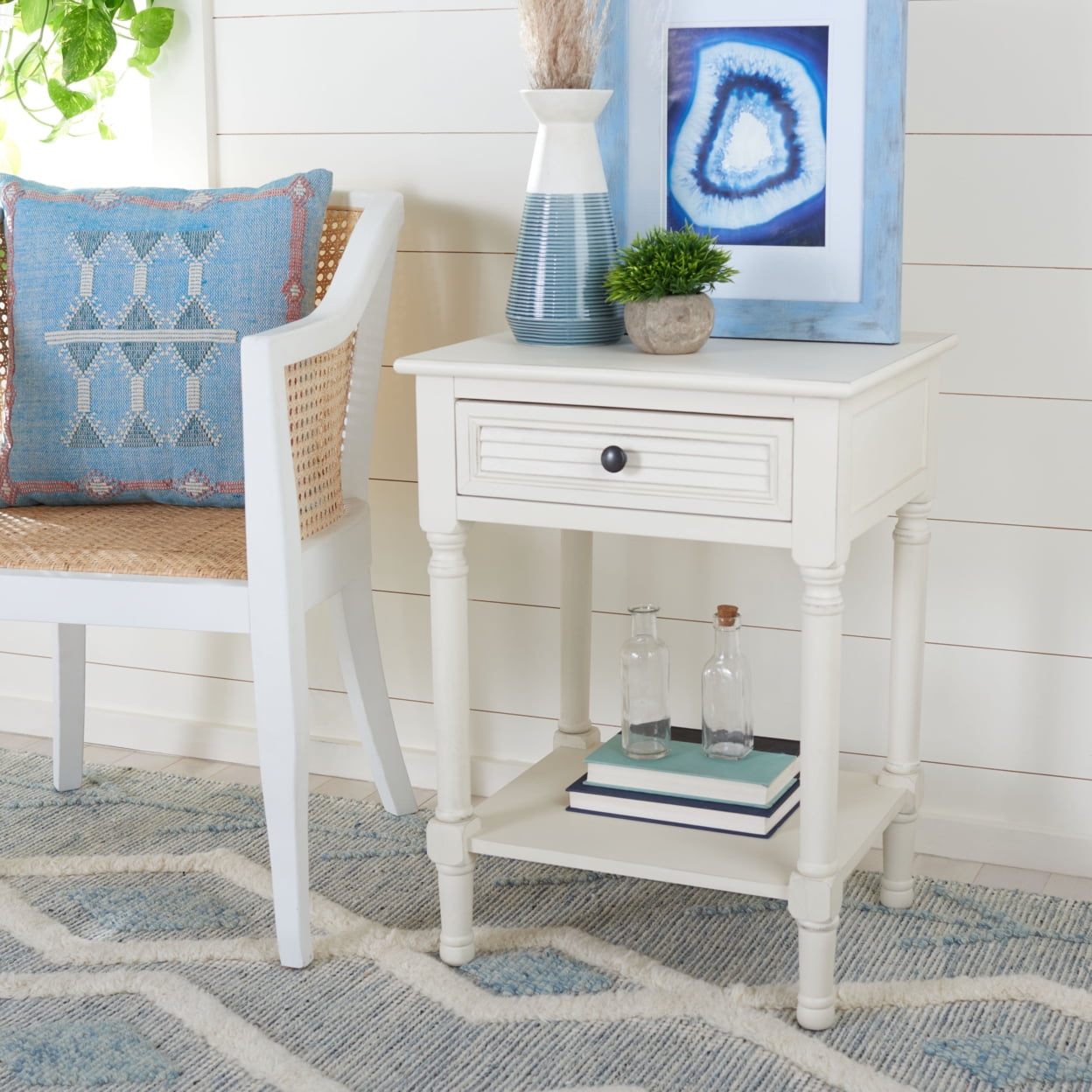 Tate Distressed White Wood Accent Table with Carved Details
