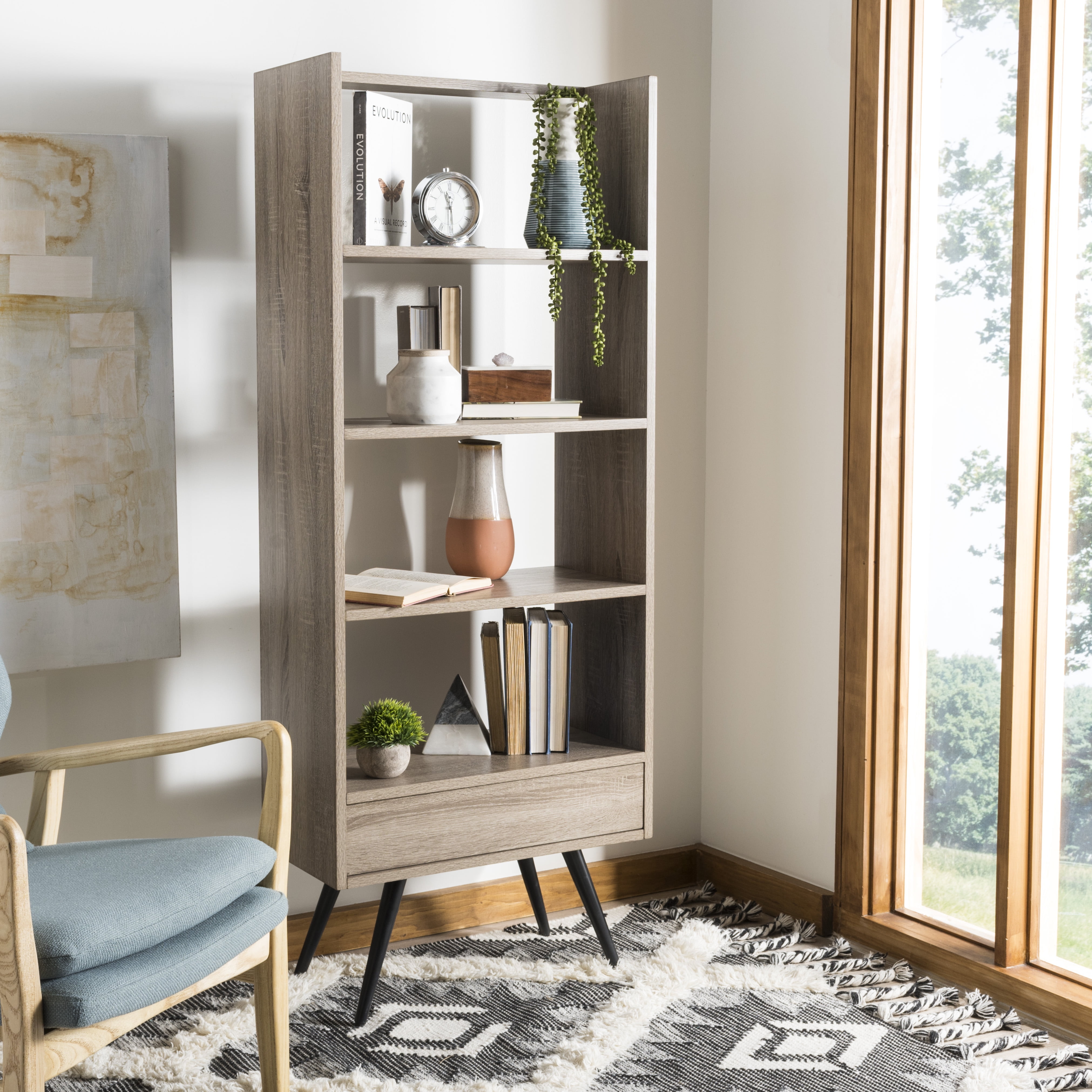 Terrence Transitional Black/Brown Wood 5-Tier Etagere with Drawer