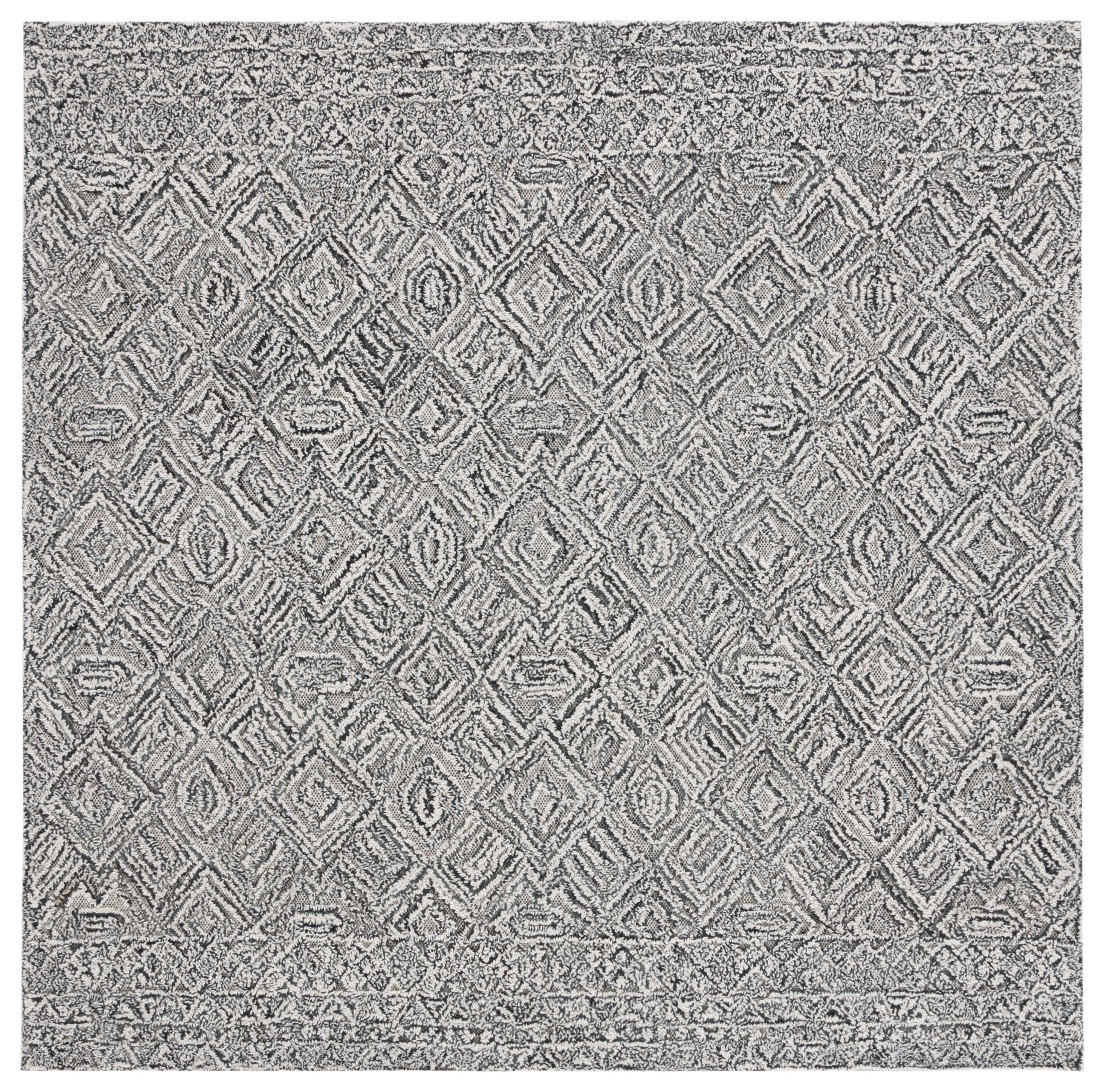 Handmade Black and Ivory Geometric Wool Area Rug, 6' Square