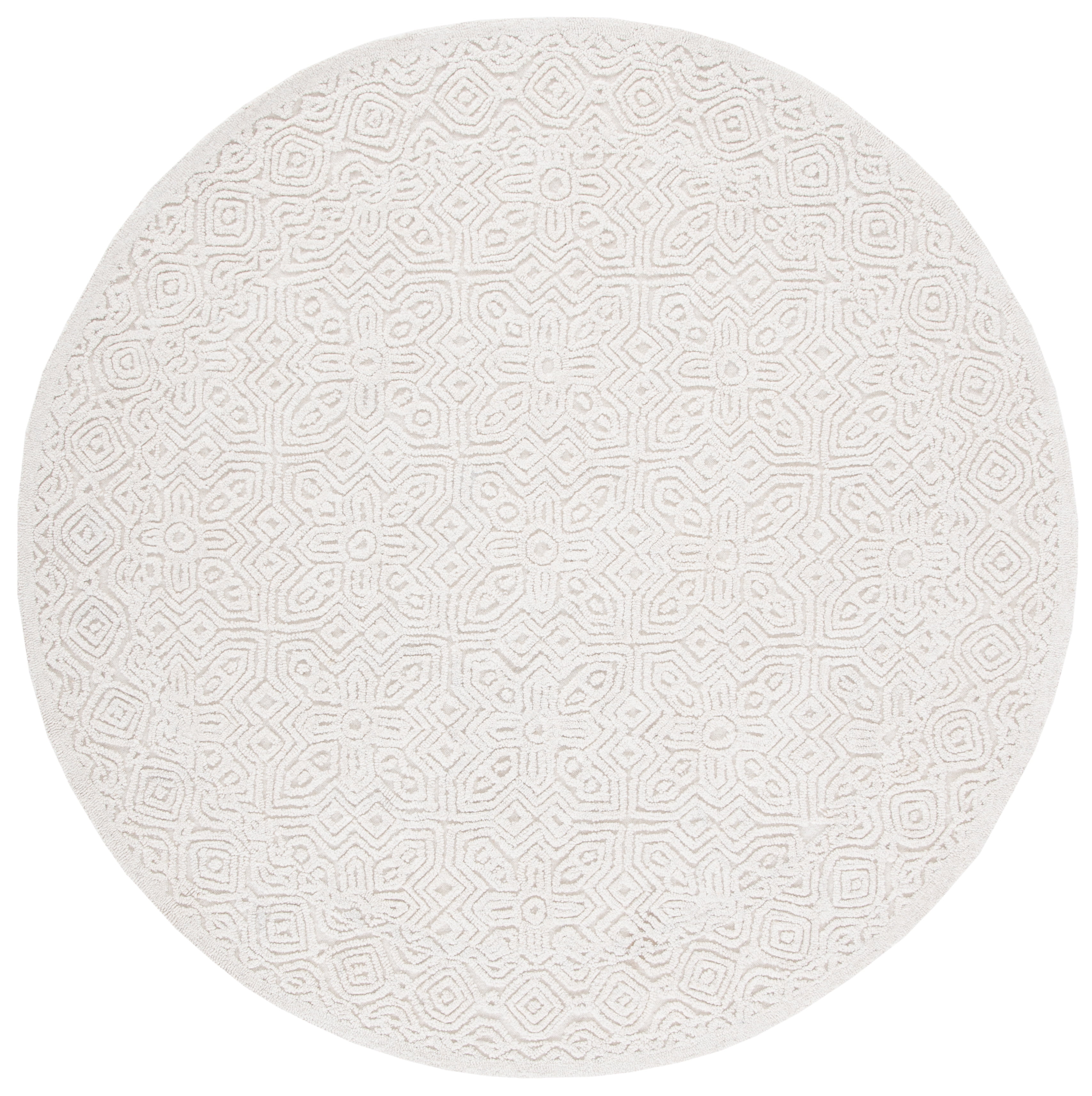 Ivory Geometric Handmade Wool 4' Round Tufted Rug