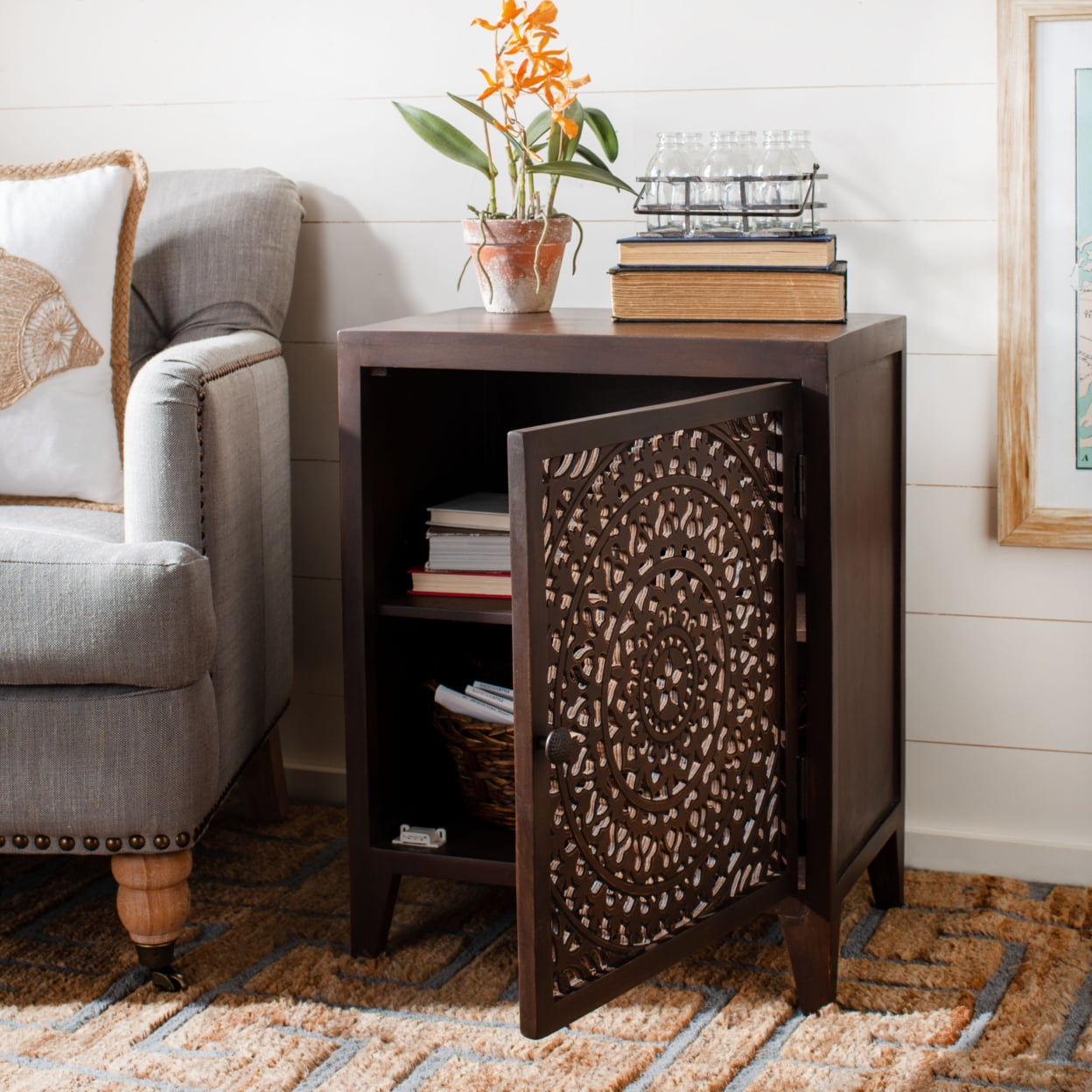 Thea Brown Carved Wood 1-Door Nightstand