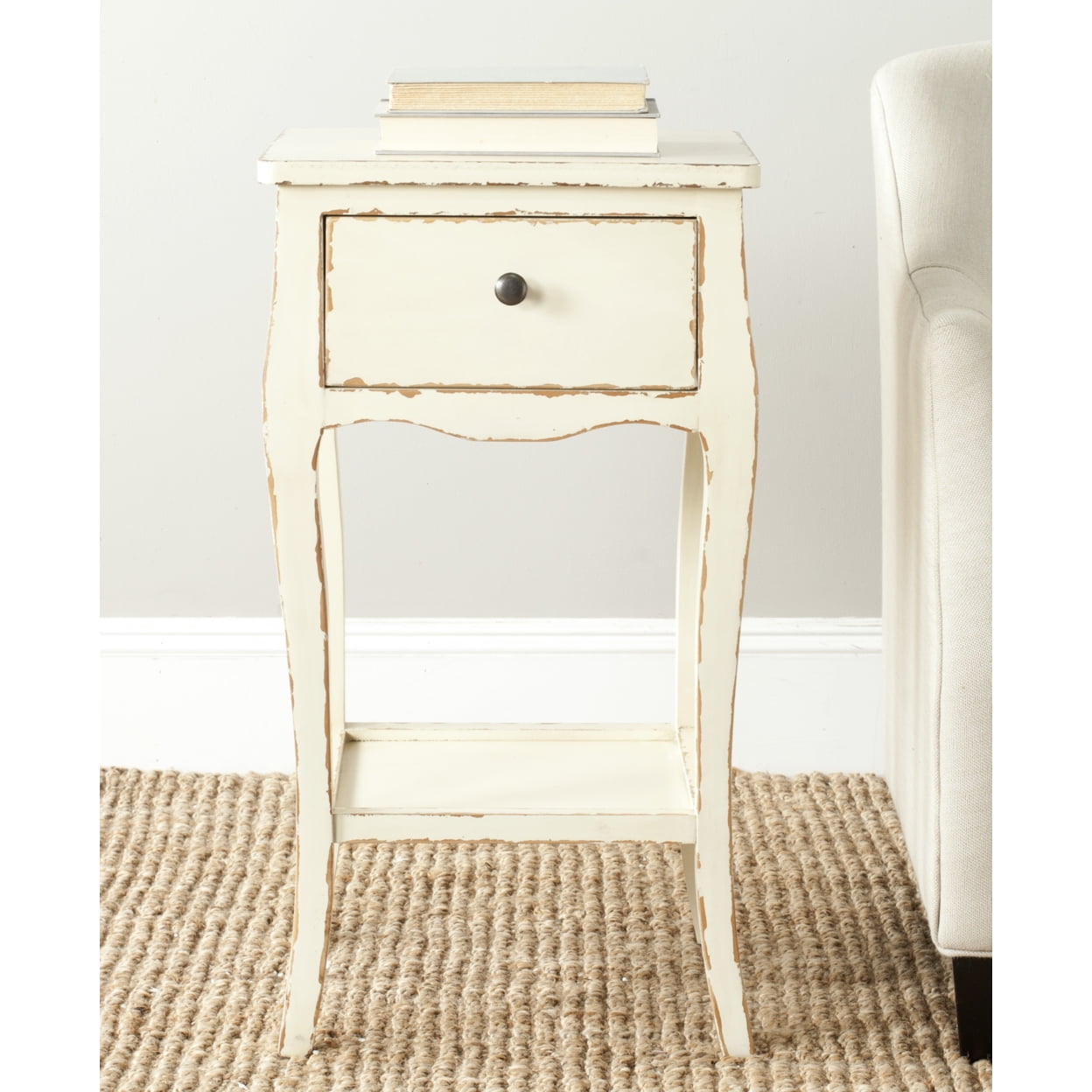Vintage Cream Rectangular Wood End Table with Storage