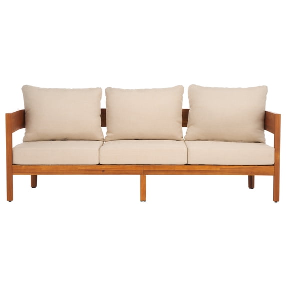 SAFAVIEH Theo Teak Wood Outdoor Sofa, Natural/Taupe