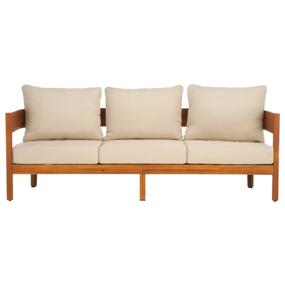 SAFAVIEH Theo Teak Wood Outdoor Sofa, Natural/Taupe