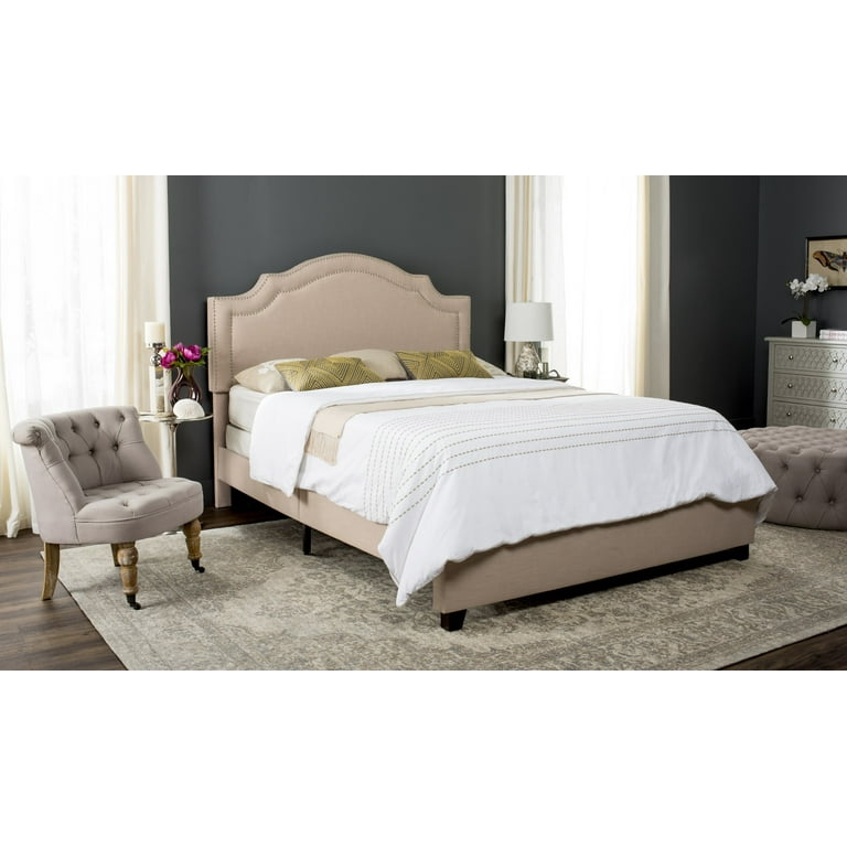Safavieh Theron Light Beige/Brass Nailheads Queen Upholstered Bed Safavieh Theron Light Beige/Brass Nailheads Queen Upholstered Bed