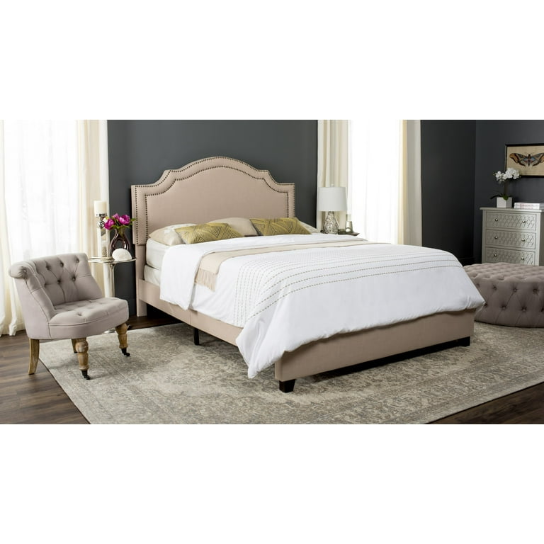 Safavieh Theron Light Beige/Brass Nailheads Queen Upholstered Bed Safavieh Theron Light Beige/Brass Nailheads Queen Upholstered Bed