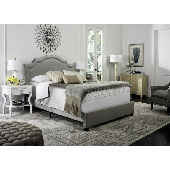 SAFAVIEH Theron Modern Elegant Upholstered Bed Frame with Nail Heads, Full, Pewter