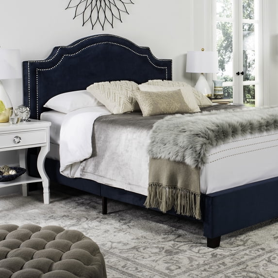 SAFAVIEH Theron Modern Elegant Upholstered Bed Frame with Nail Heads, Queen, Navy
