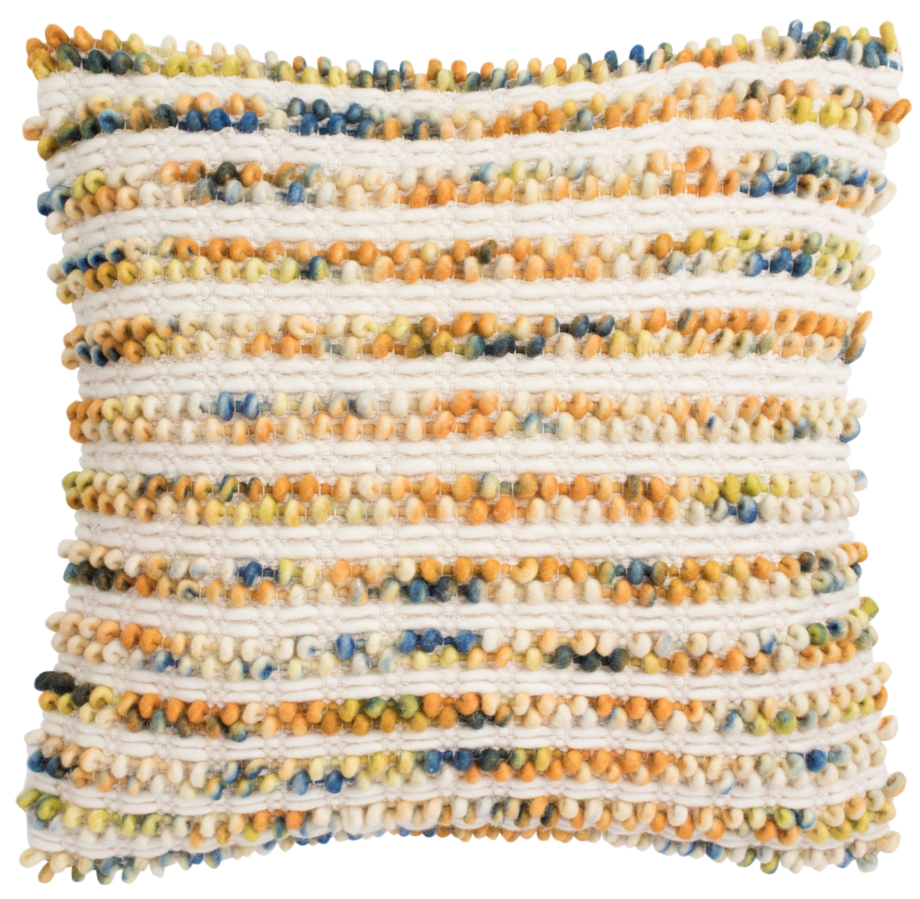 Beige and Blue Hand Loomed Wool Square Pillow