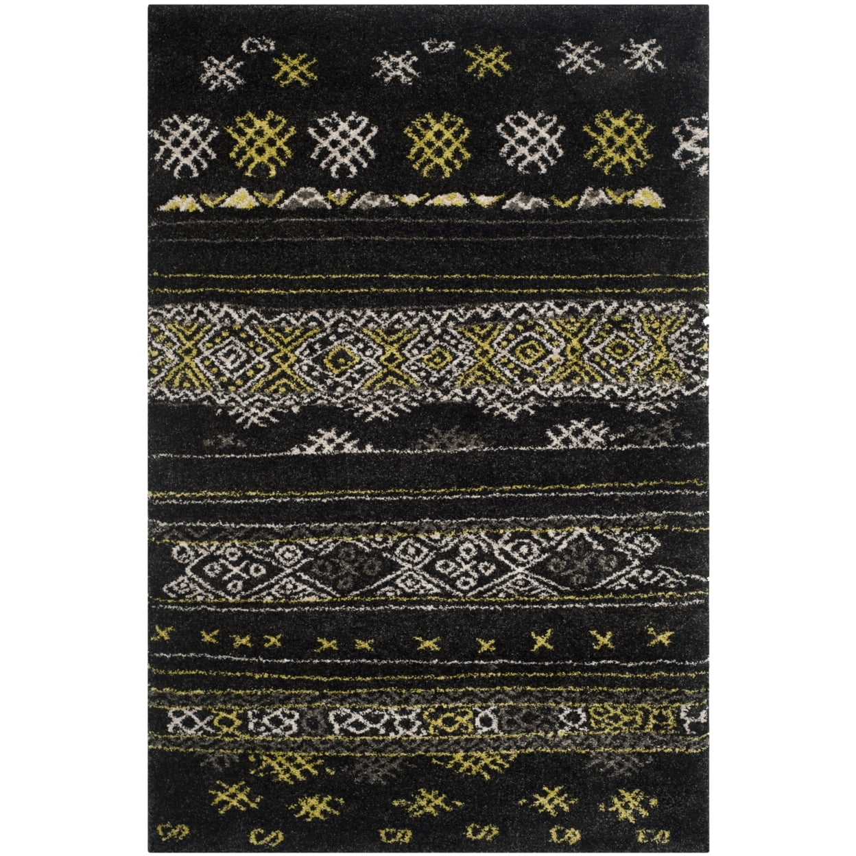 Black and Green Rectangular Hand-Knotted Shag Rug