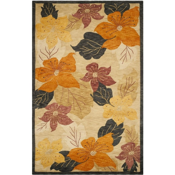 SAFAVIEH Tibetan Forrester Floral Bordered Wool Area Rug, Black/Rust, 6' x 9'
