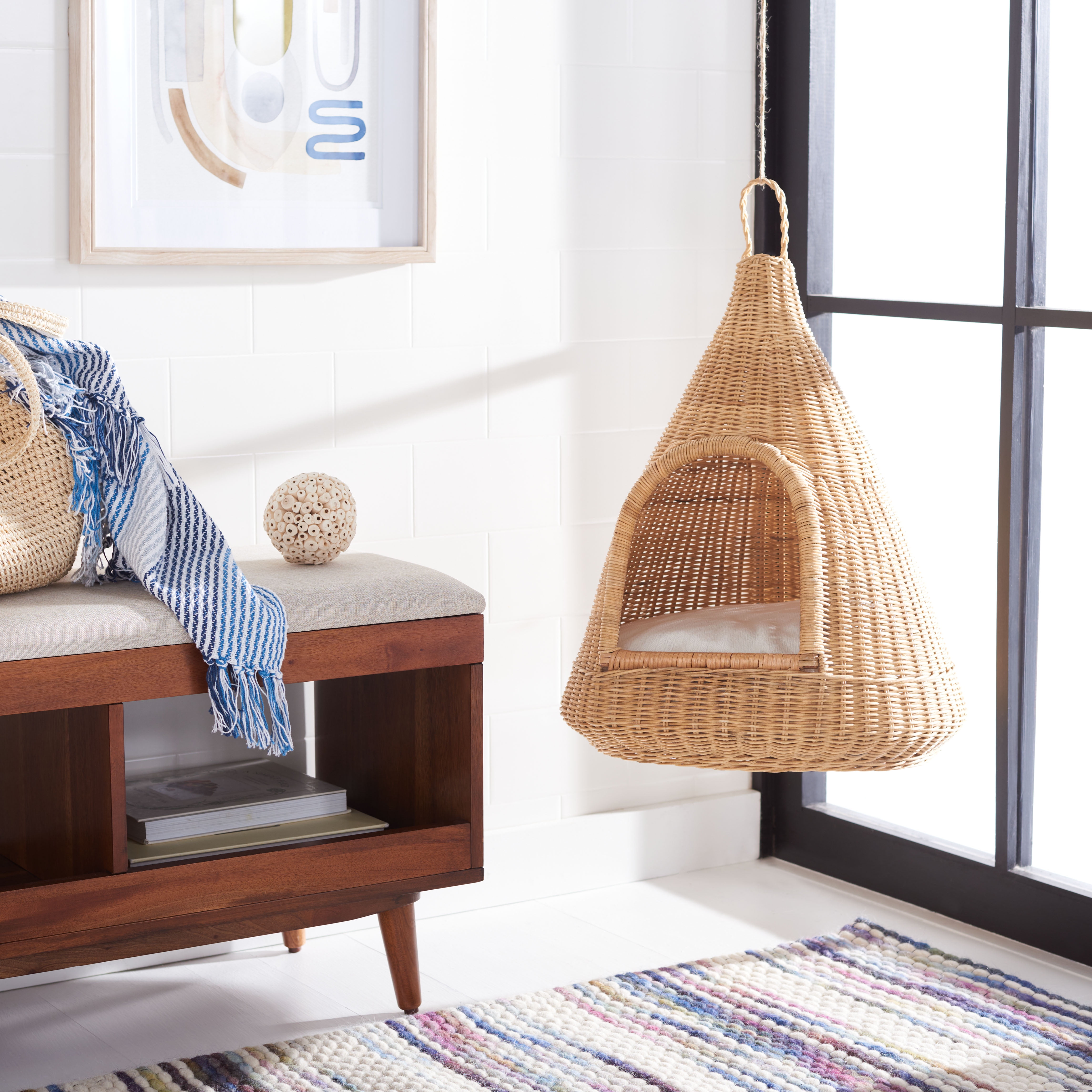 Natural Honey Rattan Hanging Cat Bed with White Cushion
