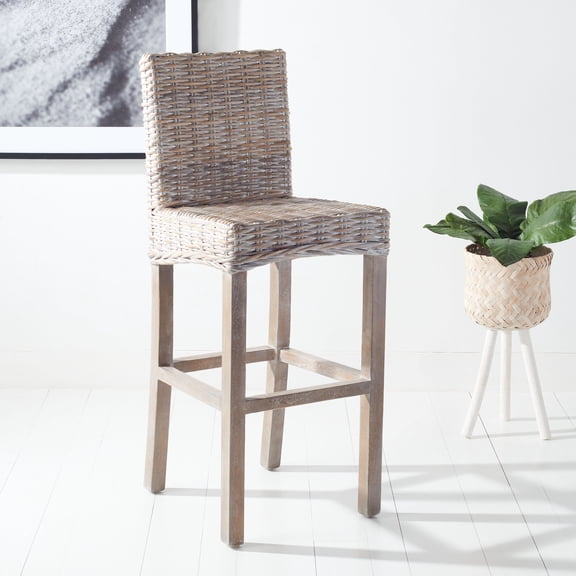 SAFAVIEH Tobie Rattan Bar Stool w/ Footrest, Grey White Wash
