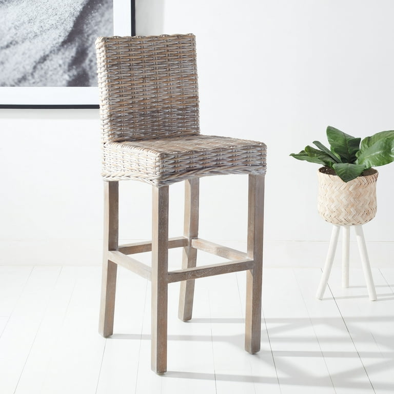 SAFAVIEH Tobie Rattan Bar Stool w Footrest Grey White Wash