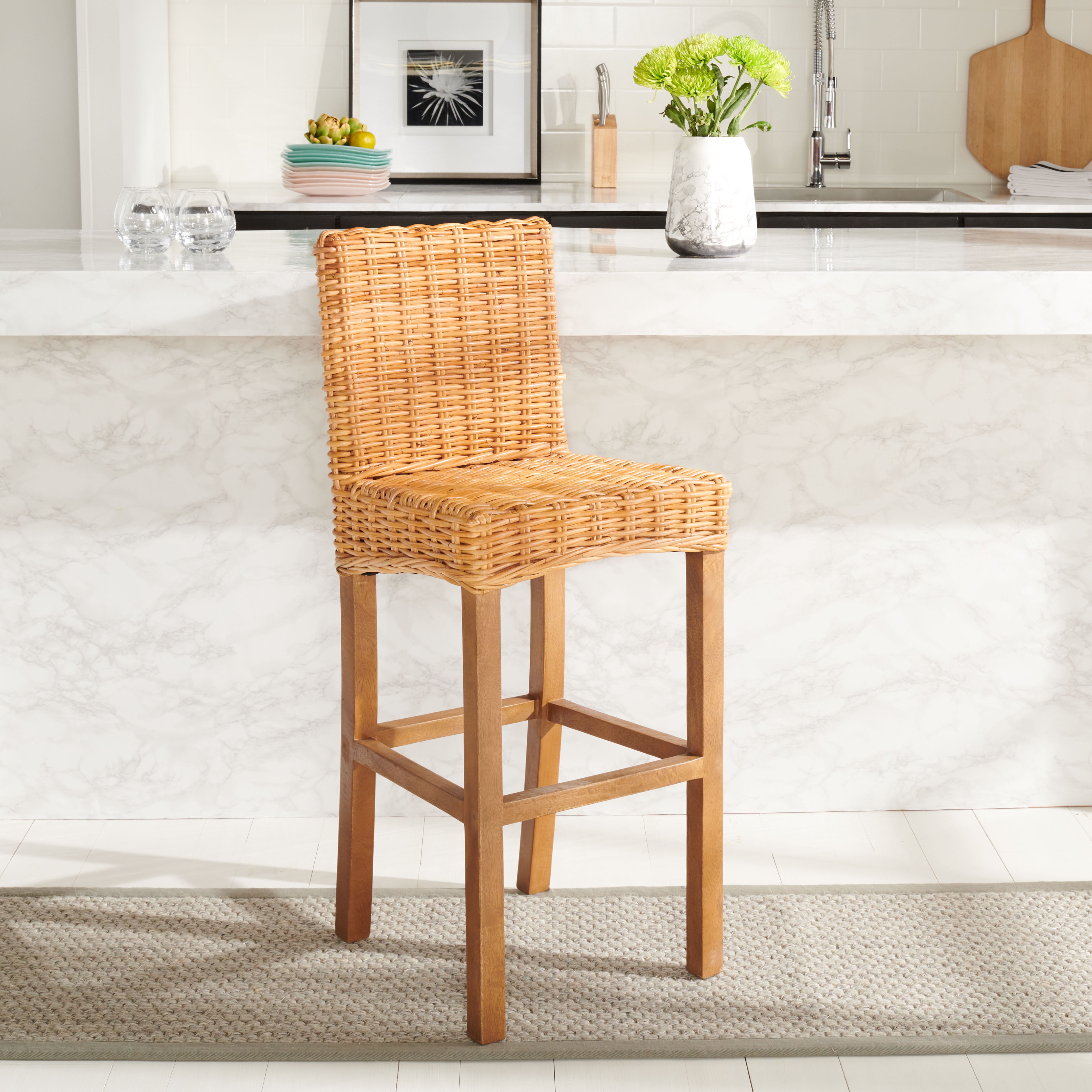 Natural Rattan and Wood Parsons Bar Stool