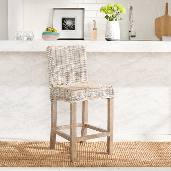 SAFAVIEH Tobie Rattan Counter Stool w/ Footrest, Grey White Wash