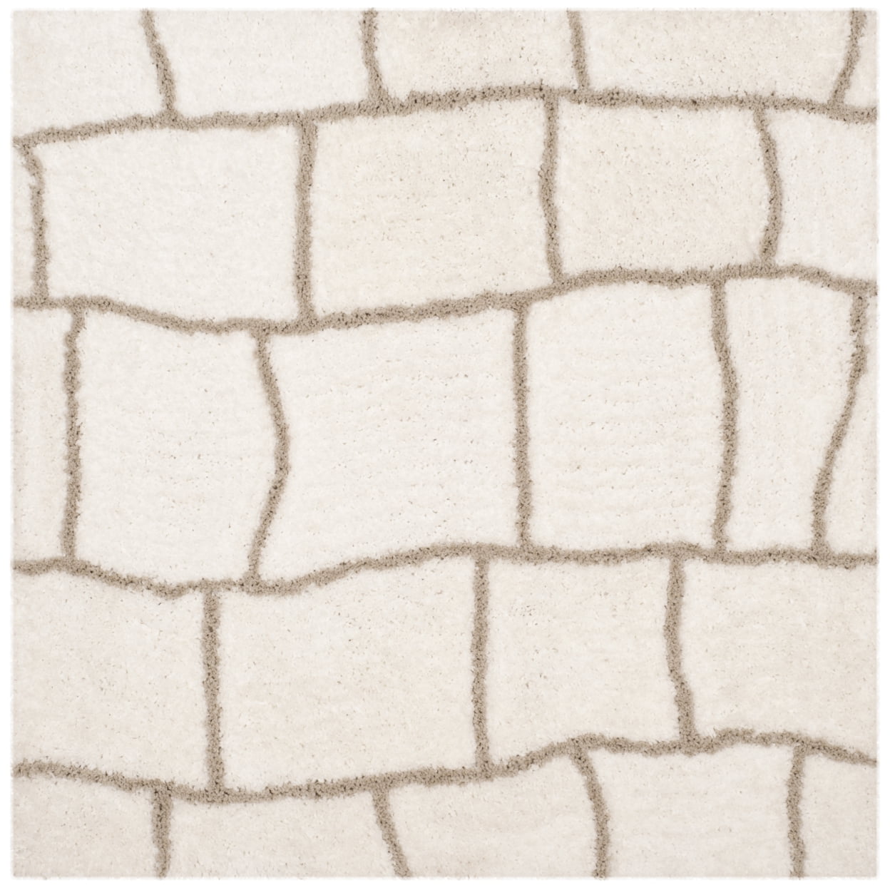 Ivory and Silver Hand-Tufted Shag 5' Square Rug