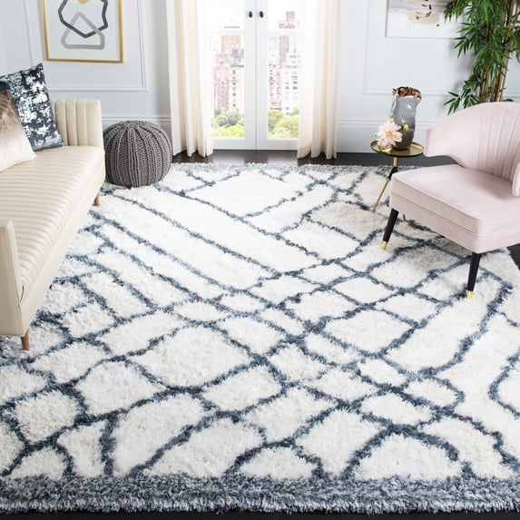 SAFAVIEH Toronto Loew Abstract Polyester Shag Area Rug, Ivory/Blue, 4' x 6'