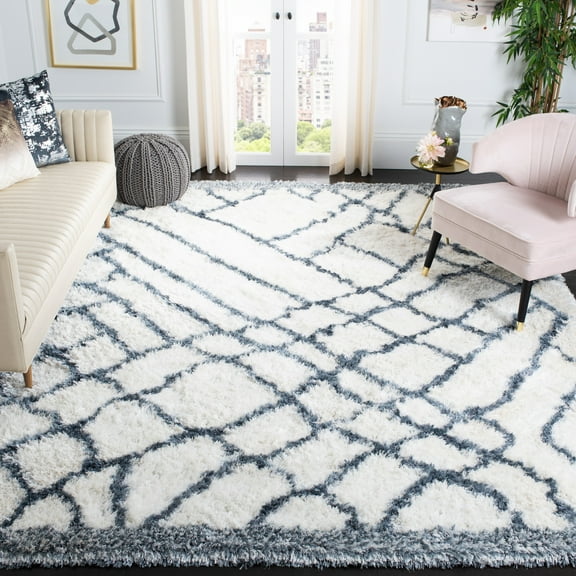 SAFAVIEH Toronto Loew Abstract Polyester Shag Area Rug, Ivory/Blue, 4' x 6'