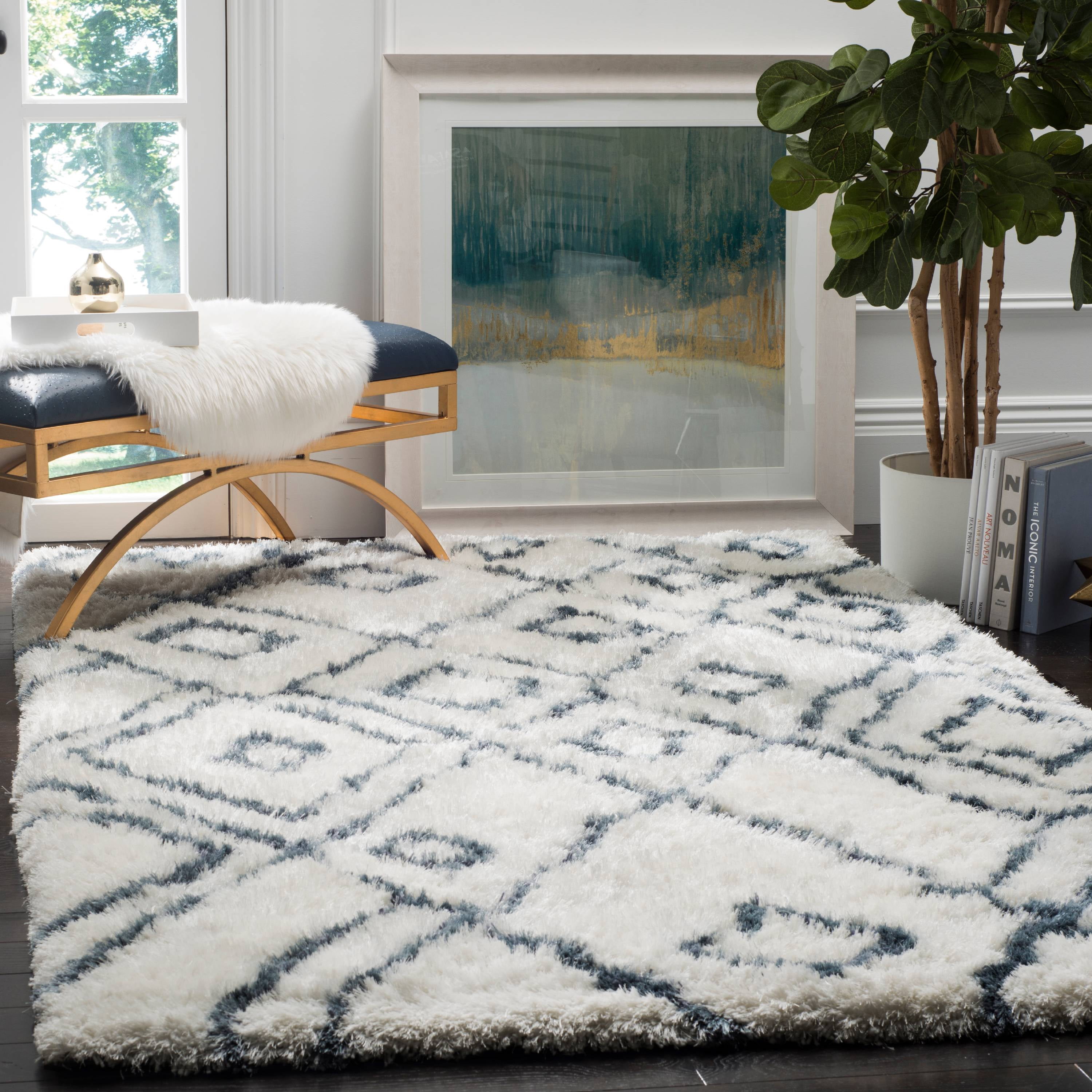 SAFAVIEH Toronto Neasa Abstract Polyester Shag Area Rug, Ivory/Blue, 3' x 5'