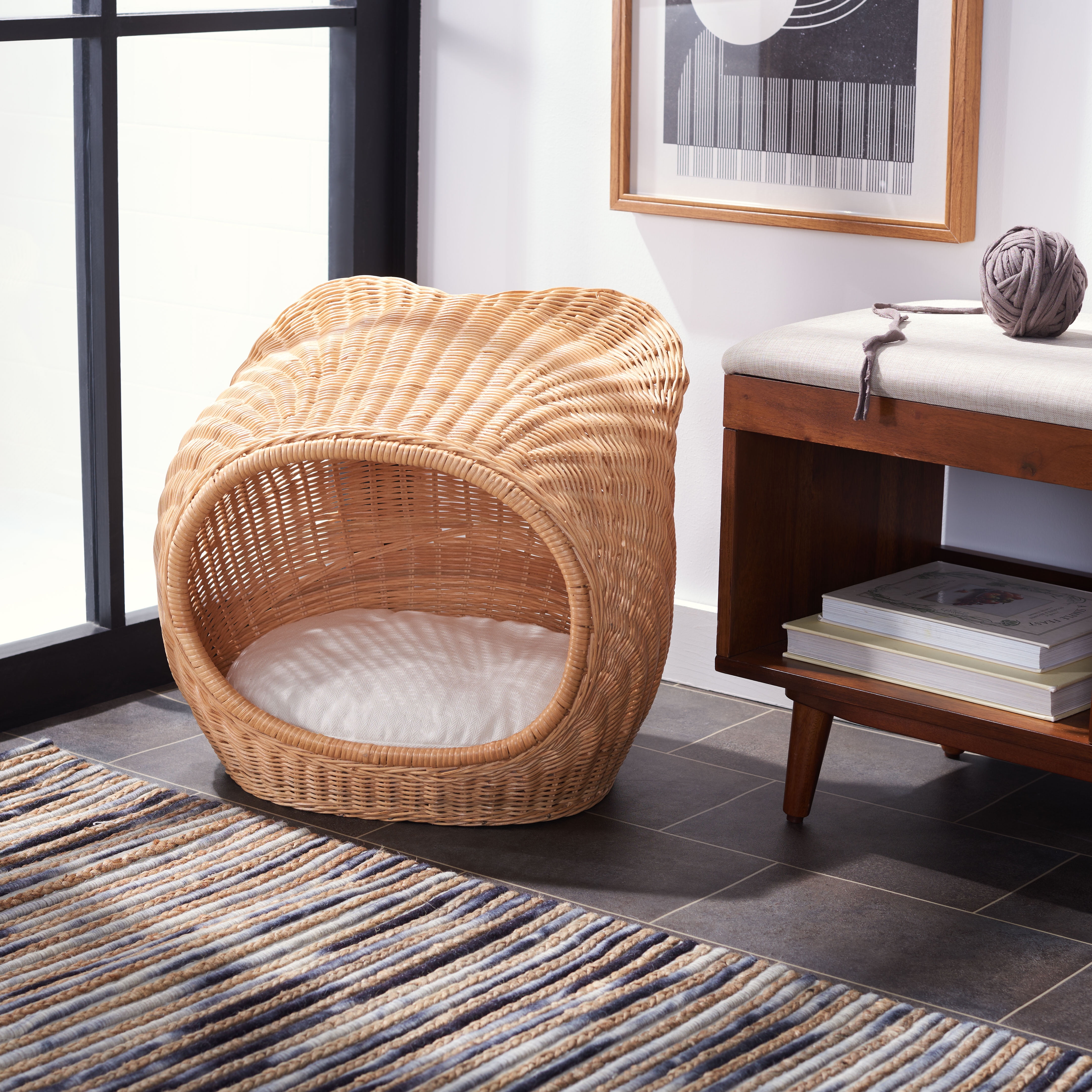 Natural Honey Rattan Cat Bed with White Cushion