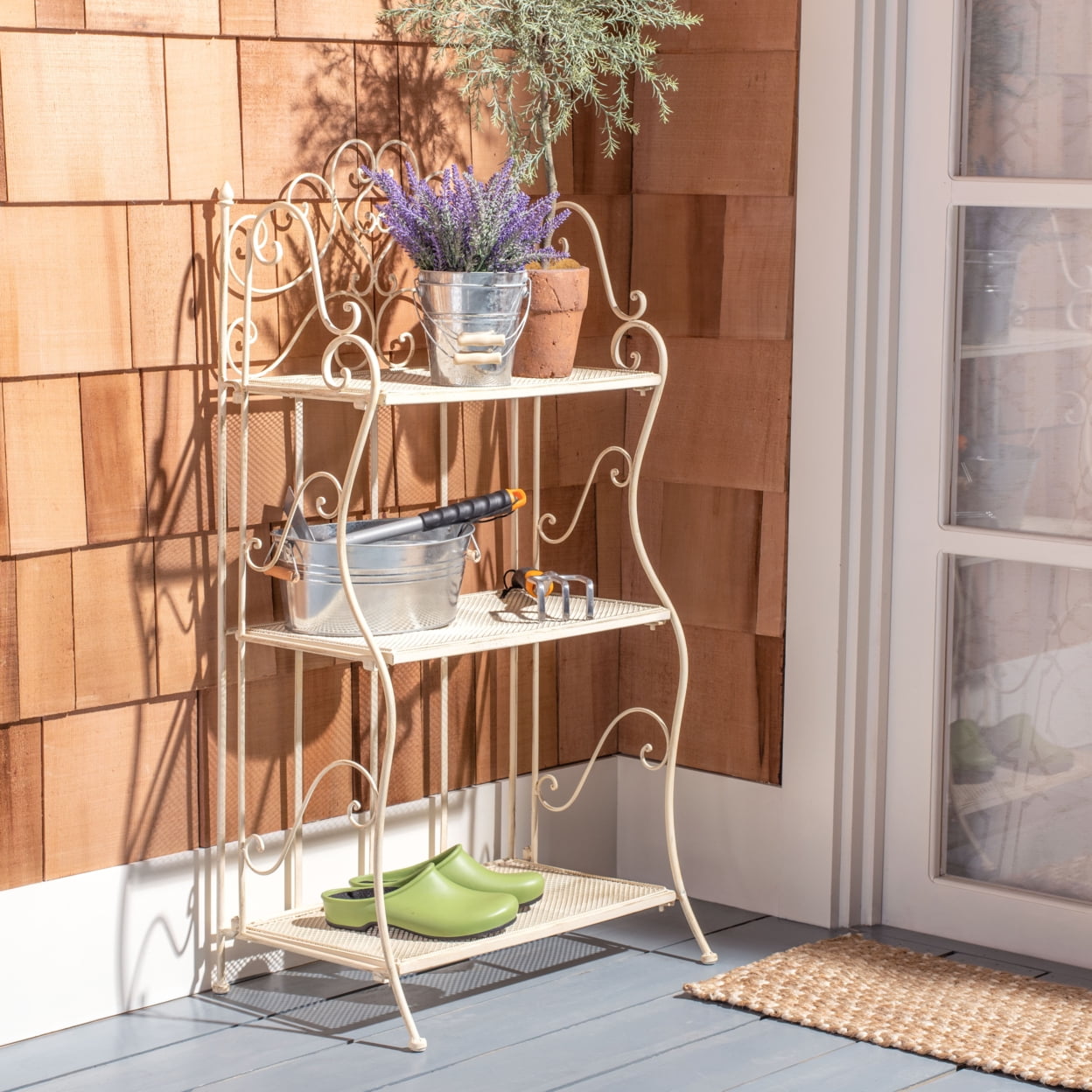 Pearl White Metal 3-Tier Corner Shelf with Scrollwork
