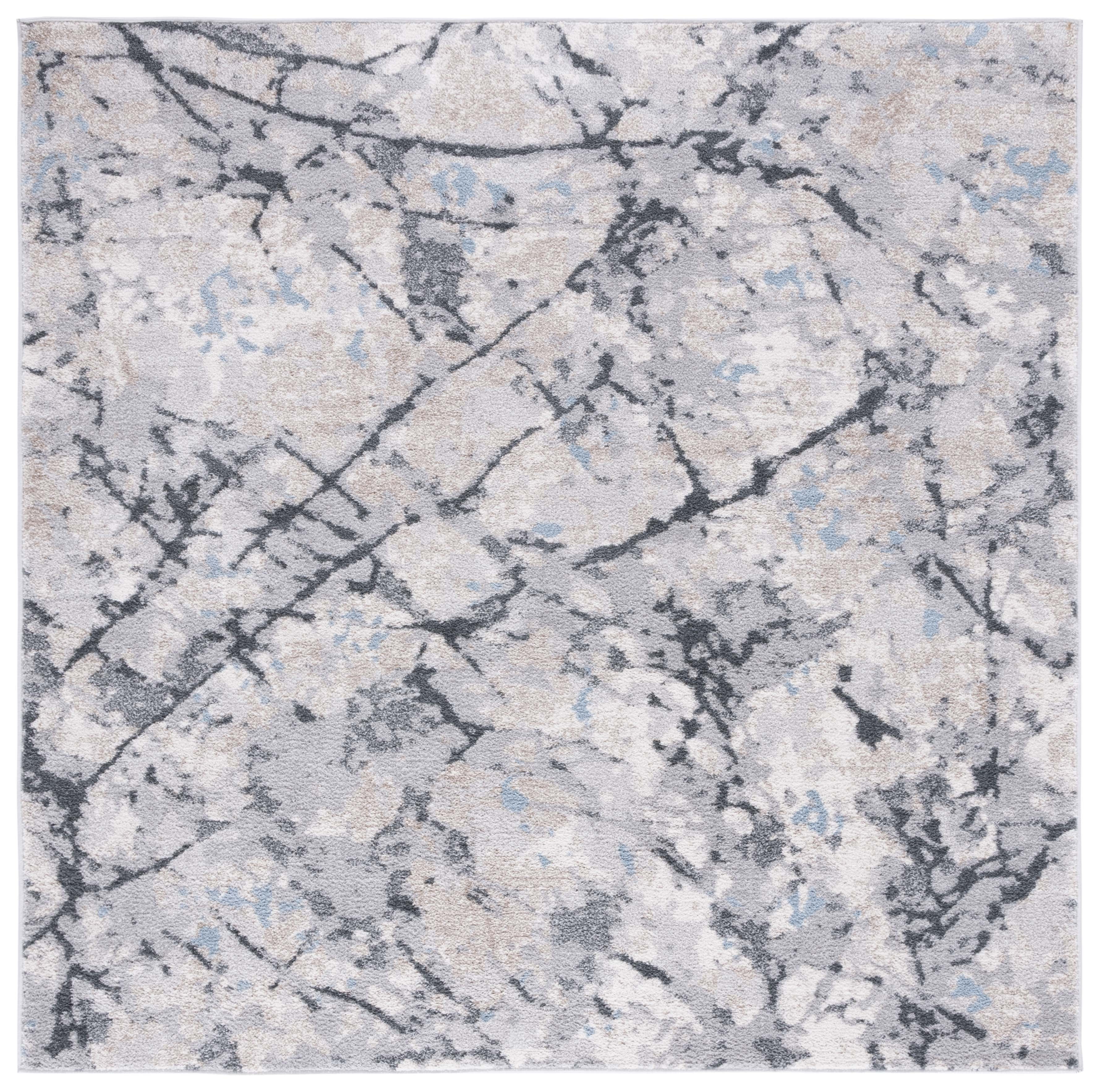 Ivory and Gray Abstract Square Synthetic Area Rug