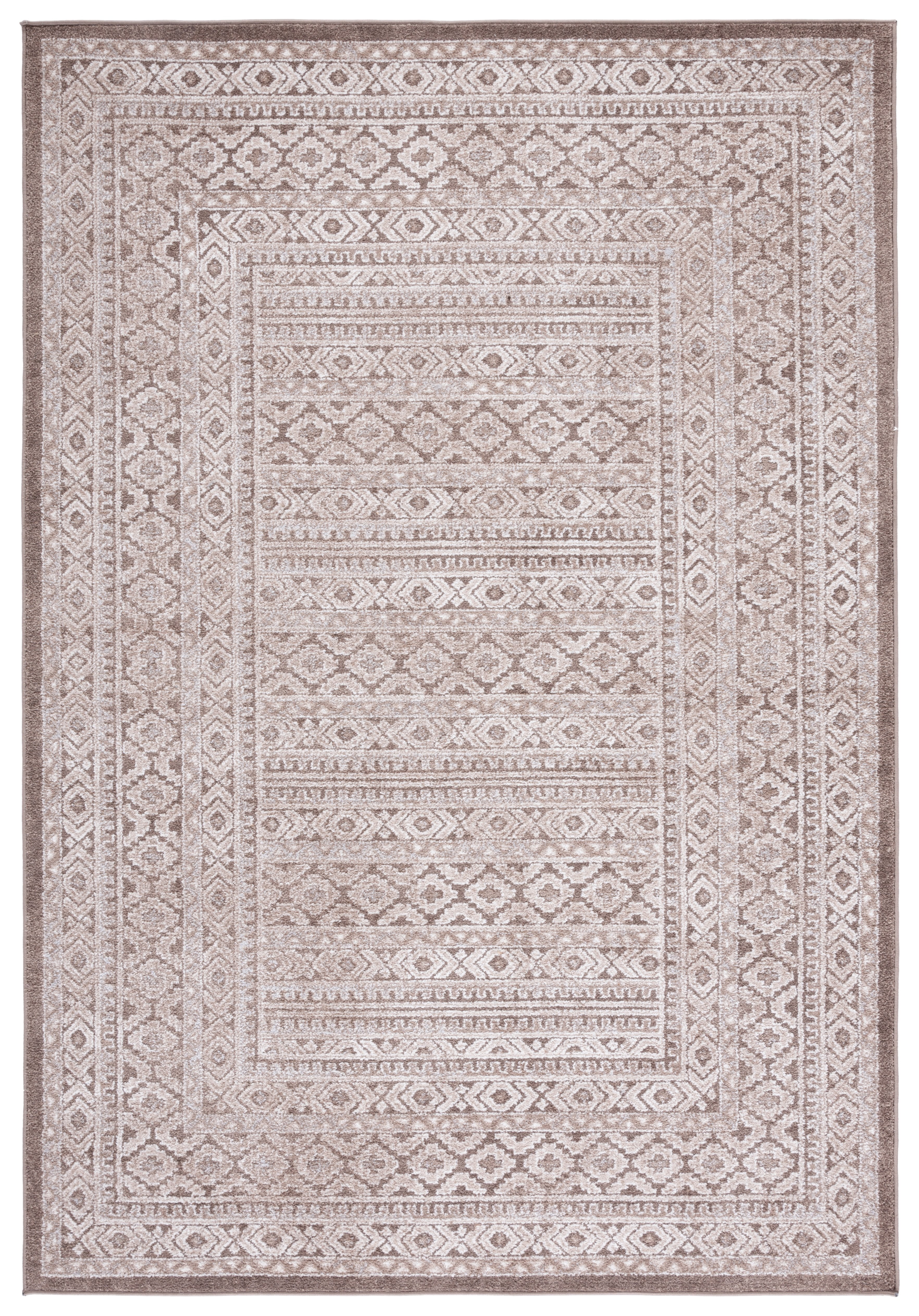 Ivory and Brown Geometric Hand-Knotted Synthetic Rug