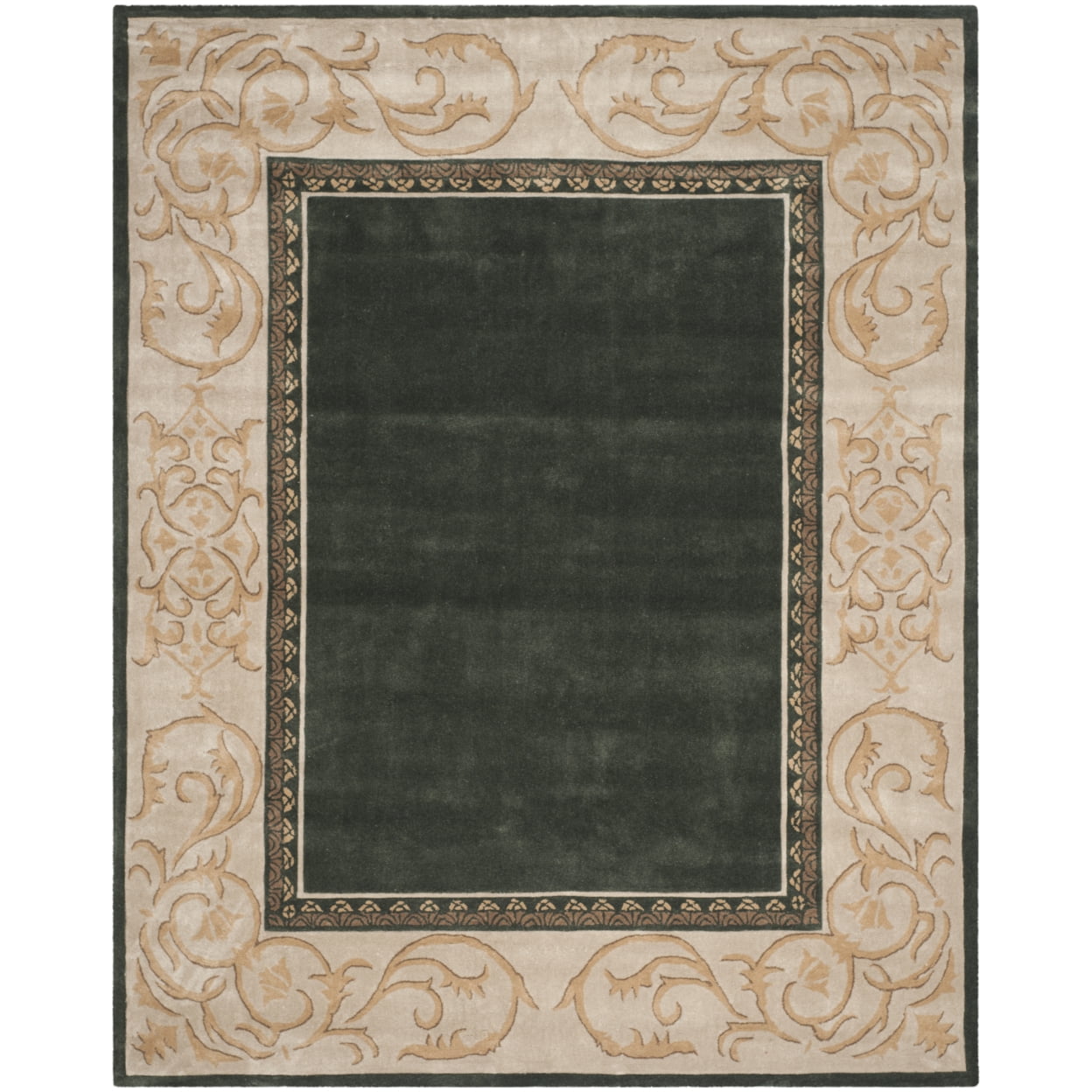 Hand-Knotted Green and Ivory Wool Area Rug, 8' x 10'