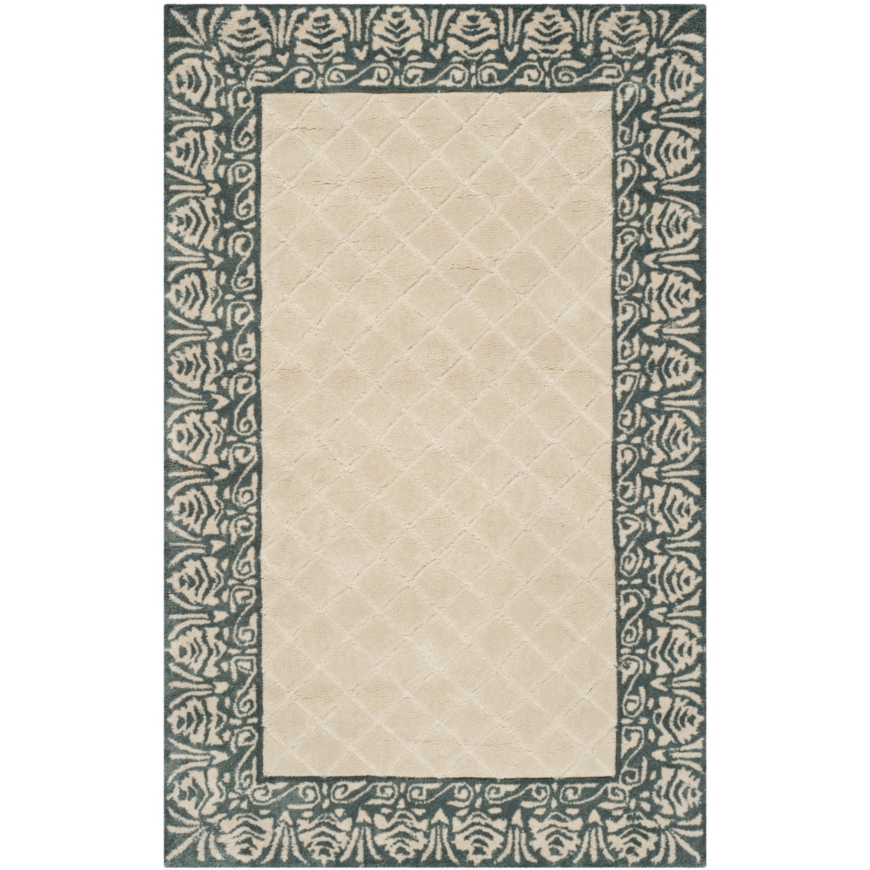 Ivory and Blue Hand-Hooked Wool Area Rug, 3' x 5'