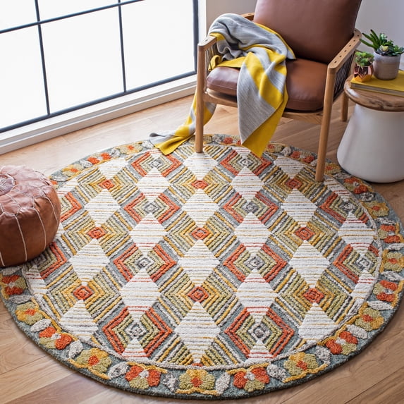 SAFAVIEH Trace Adrasteia Geometric Hexagons Wool Area Rug, Blue/Ivory, 6' x 6' Round