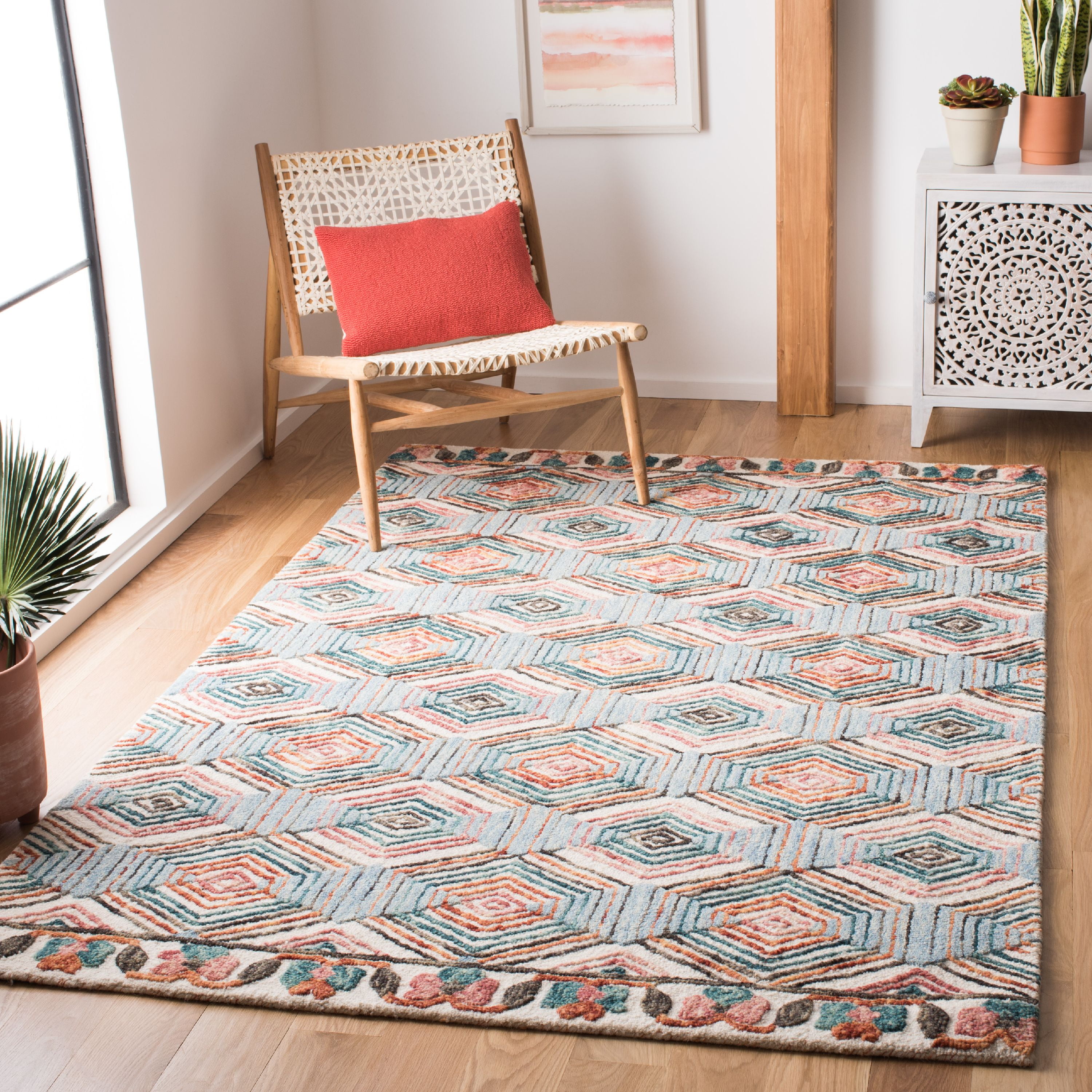 Hand-Tufted Ivory and Light Blue Wool Geometric 4' x 6' Area Rug