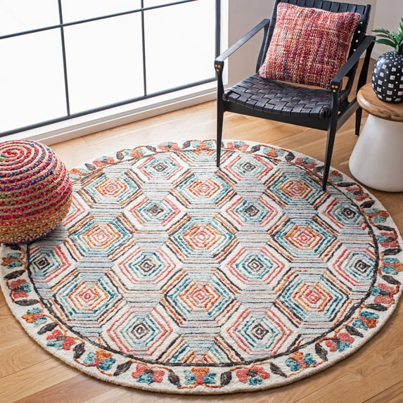 SAFAVIEH Trace Adrasteia Geometric Hexagons Wool Area Rug, Ivory/Light Blue, 6' x 6' Round