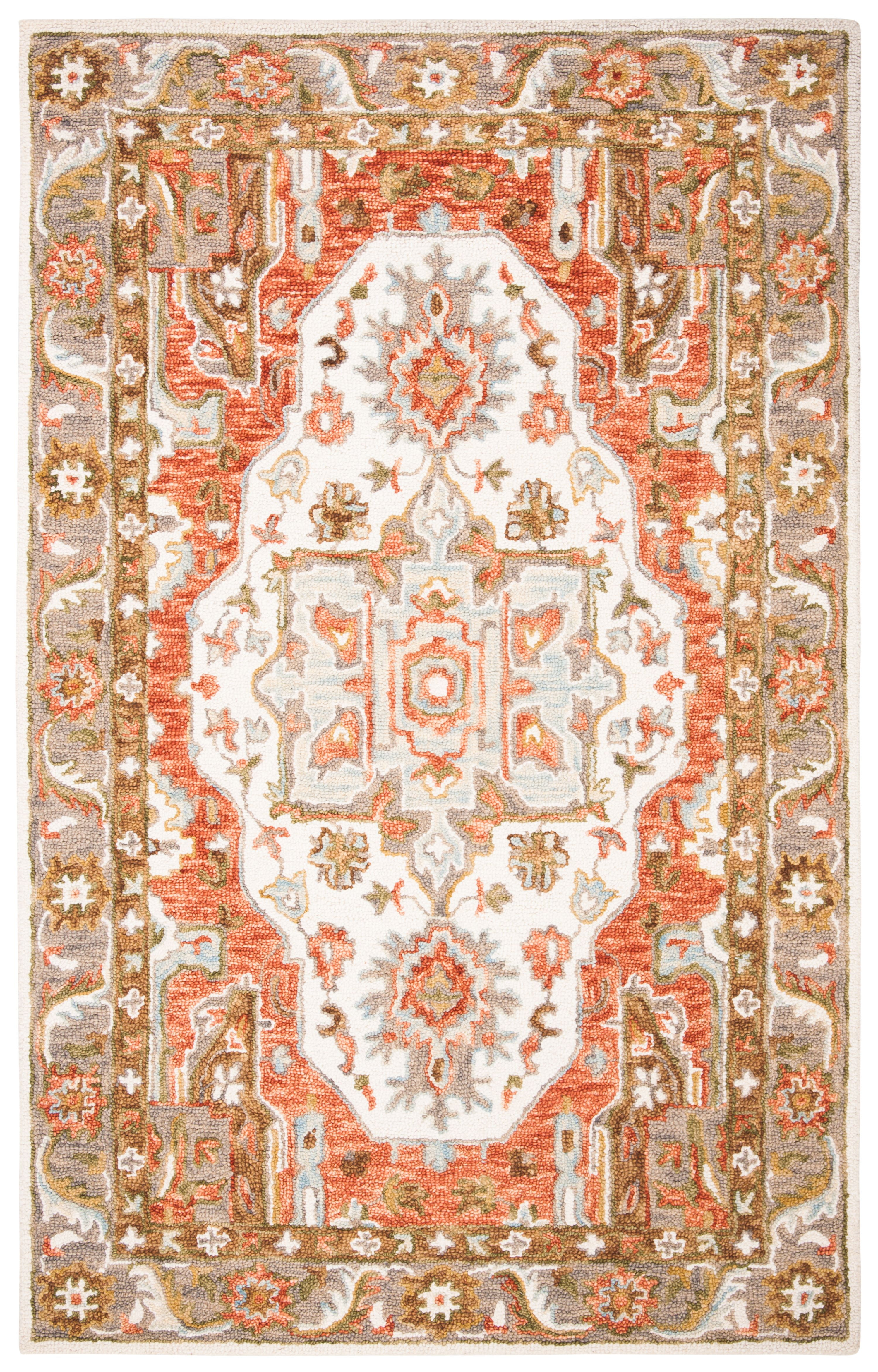 Ivory and Red Hand-Tufted Wool 4' x 6' Area Rug
