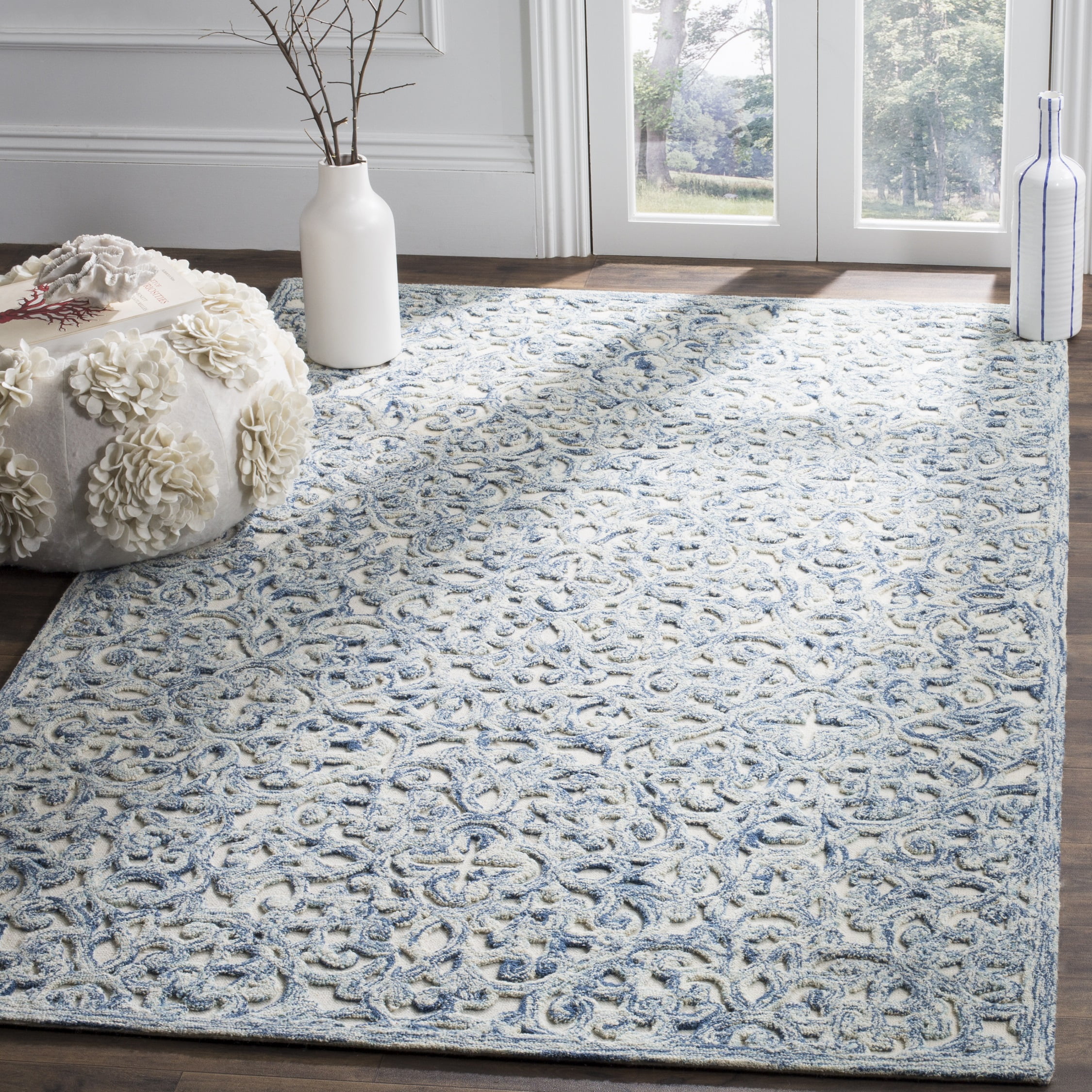 SAFAVIEH Trace Bryan Geometric Floral Wool Area Rug, Blue/Ivory, 2'3" x 4'