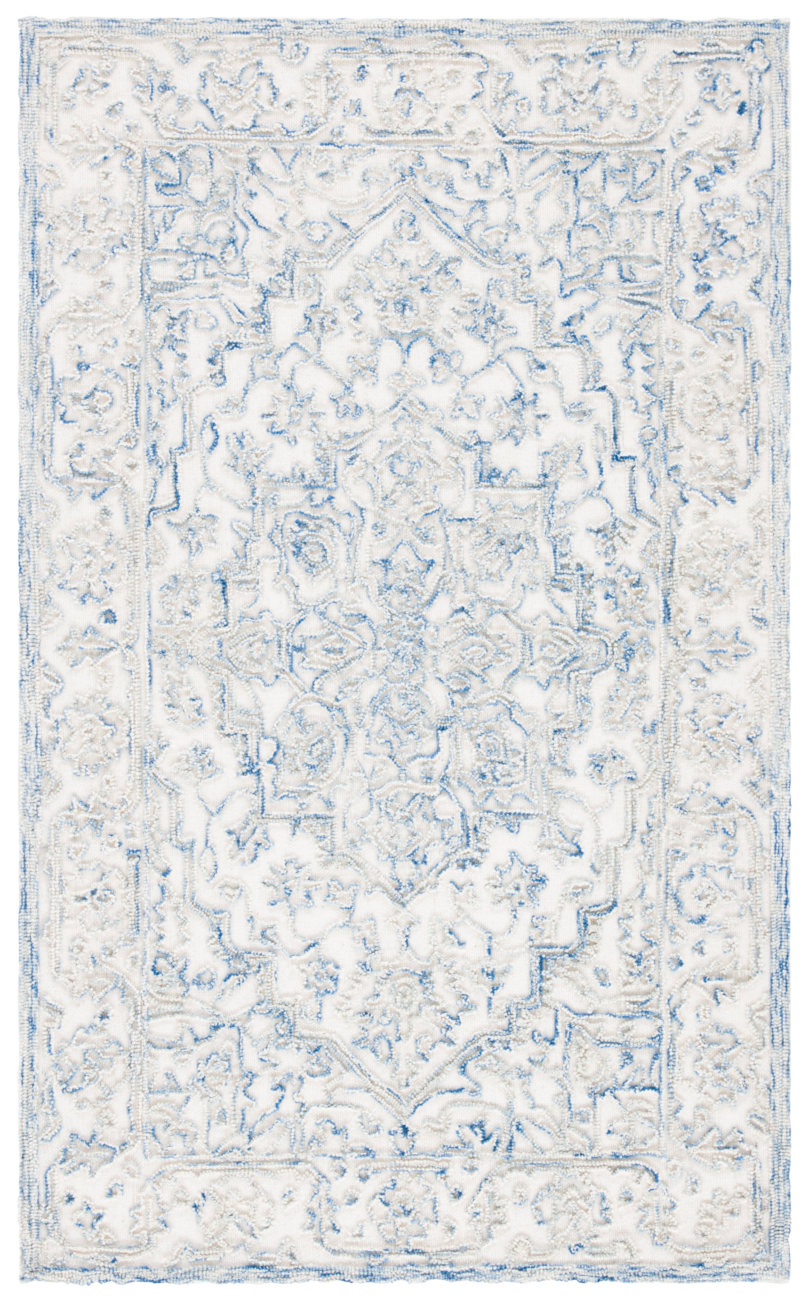 Elegant Hand-Tufted Wool Rectangular Rug in Ivory and Blue