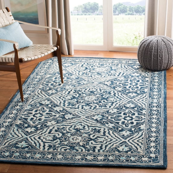 SAFAVIEH Trace Dulcibella Floral Bordered Wool Area Rug, Navy/Light Blue, 3' x 5'